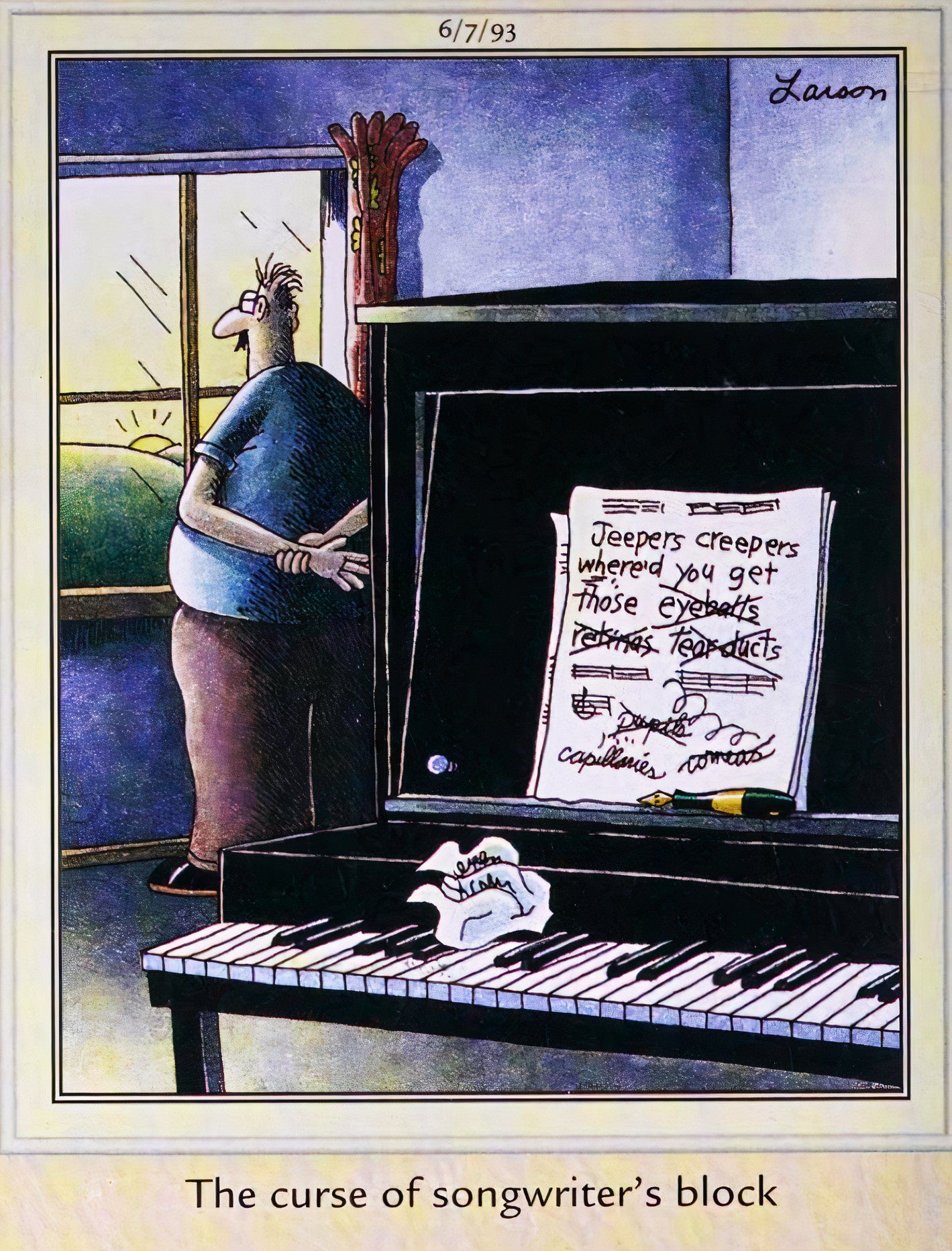 Far Side, June 7, 1993, a songwriter can't come up with the right rhyme for 'Jeepers Creepers'