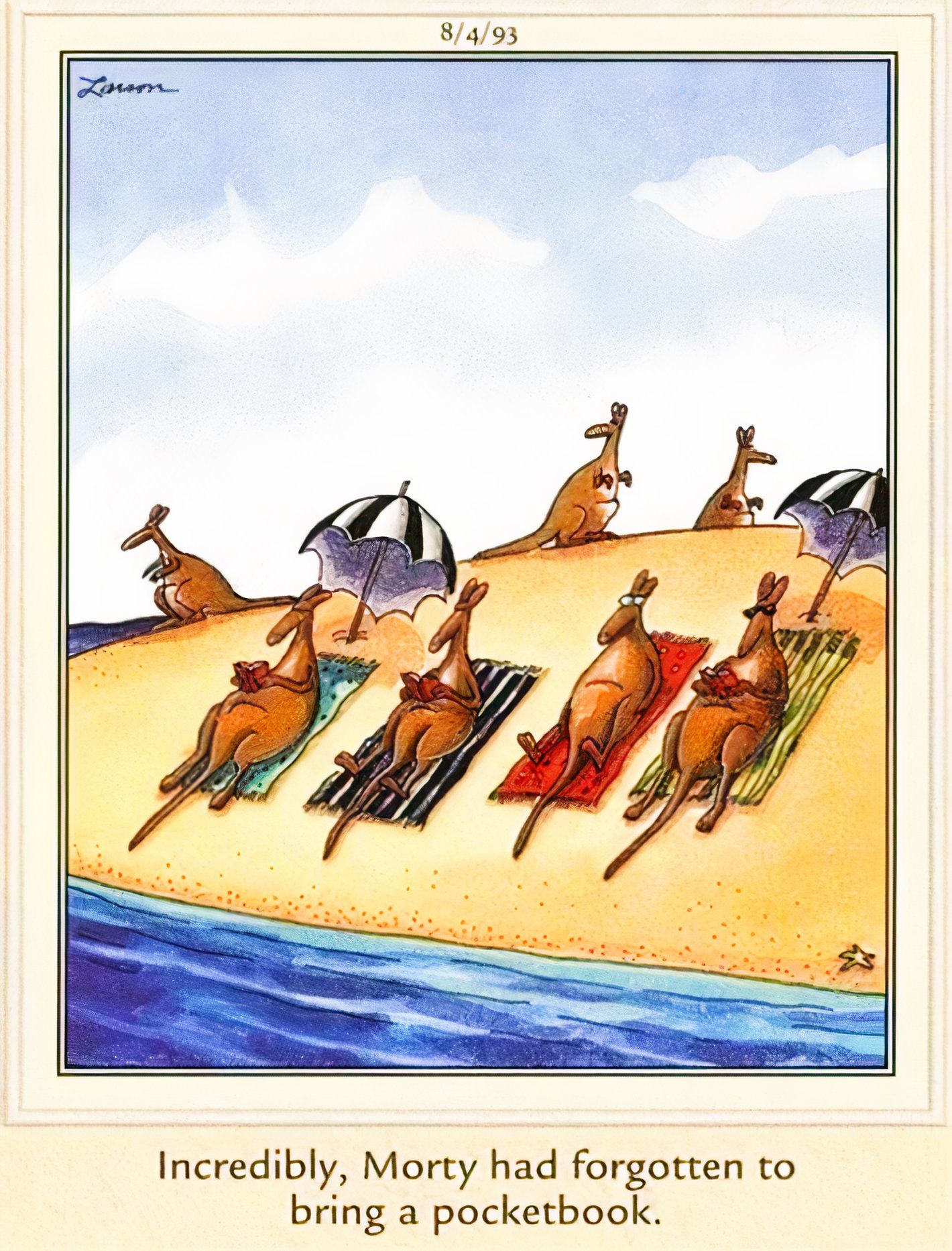 Far Side, kangaroos at the beach; one of them "forgot his pocketbook."