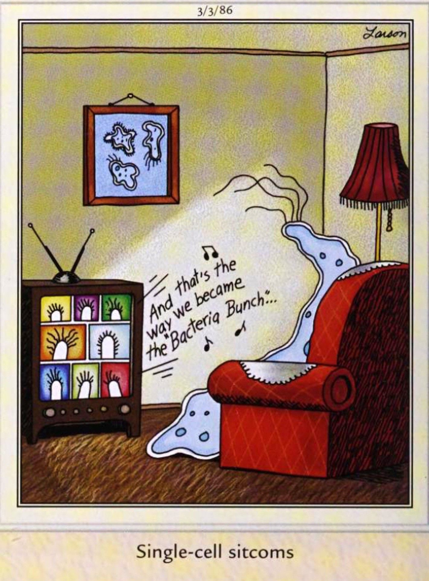 Far Side, 3 de março de 1986, uma ameba sentada em uma poltrona assistindo 'the Bacteria Bunch'