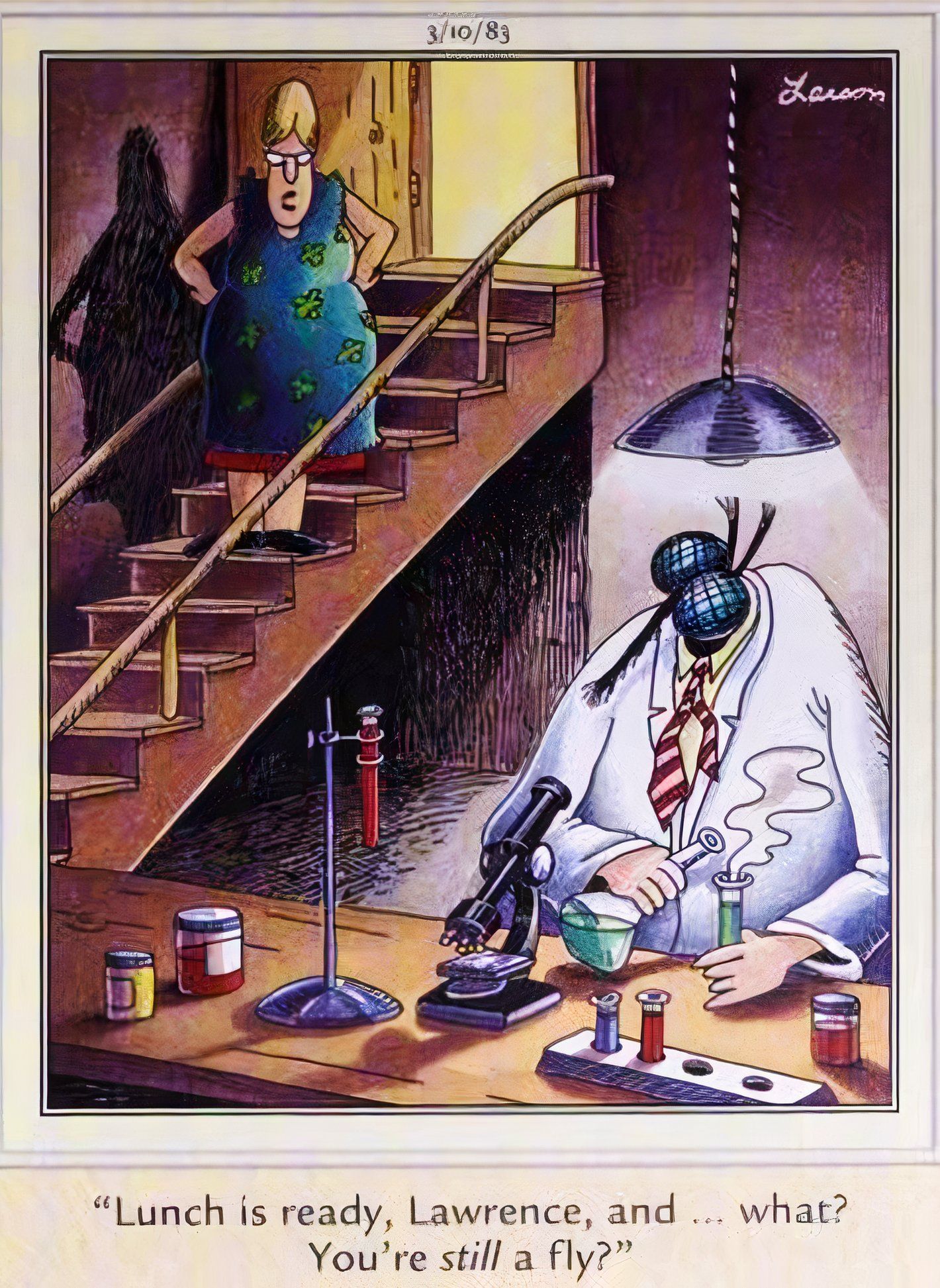 Far Side, March 10, 1983, a woman writes down to her husband in his basement laboratory, angry that he is 'another fly'.