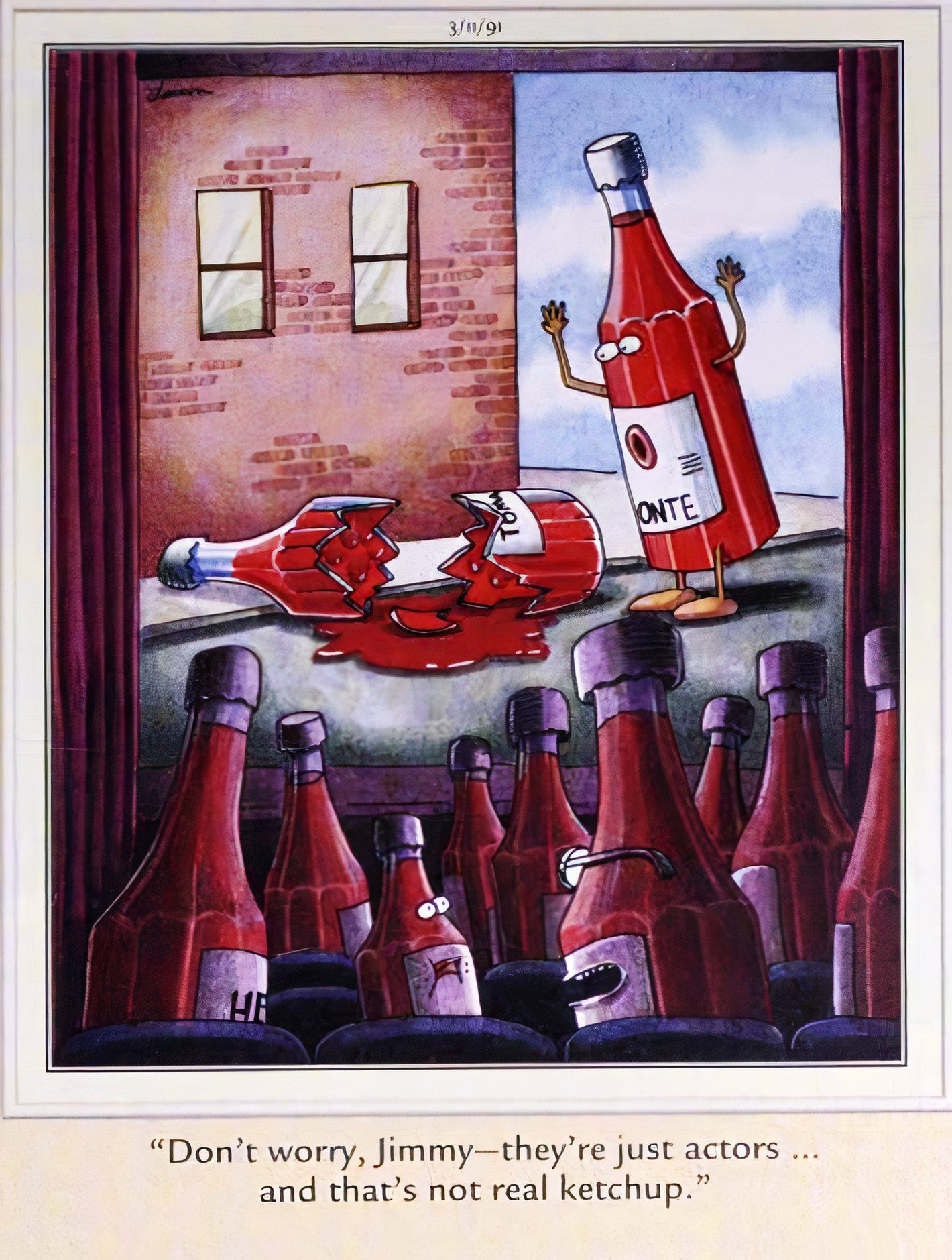 Far Side, 11 de março de 1991, um pai que usa ketchup diz a uma criança que usa ketchup que o filme na tela não é real