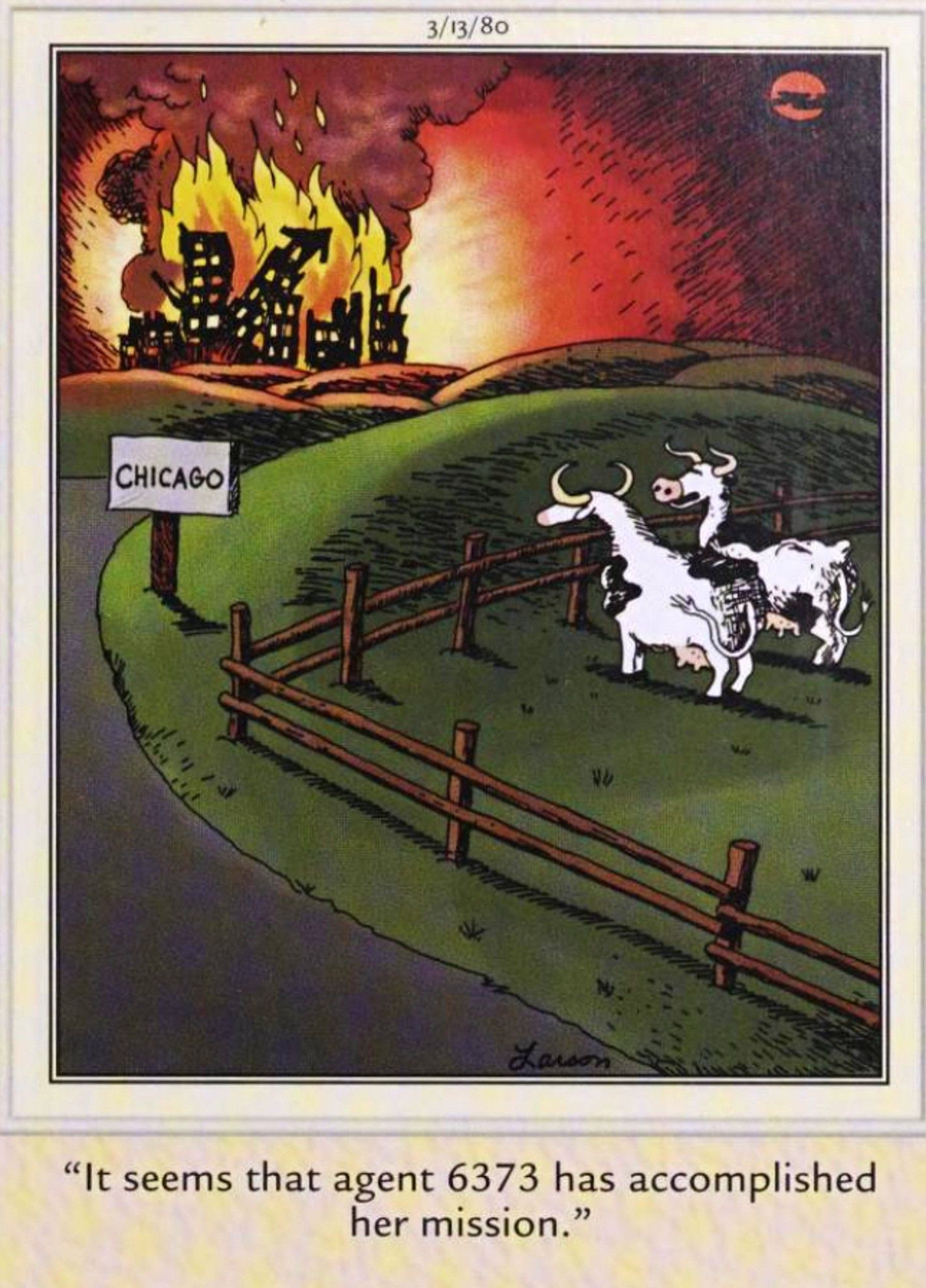 Far Side, March 13, 1980, cows watch Chicago burn down after a fire started by a cow