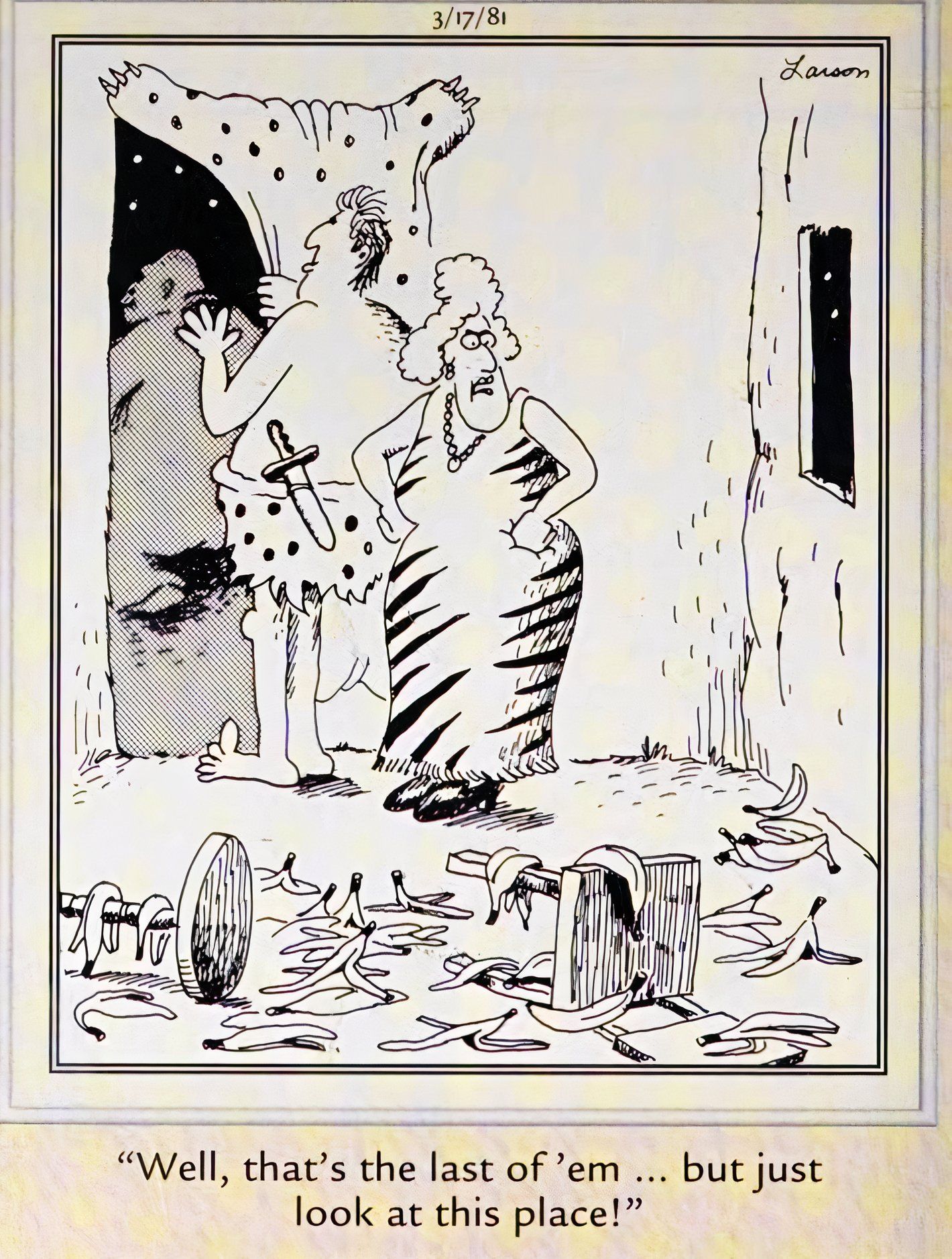 Far Side, March 17, 1981, Tarzan's wife is irate after his ape friends trash their apartment