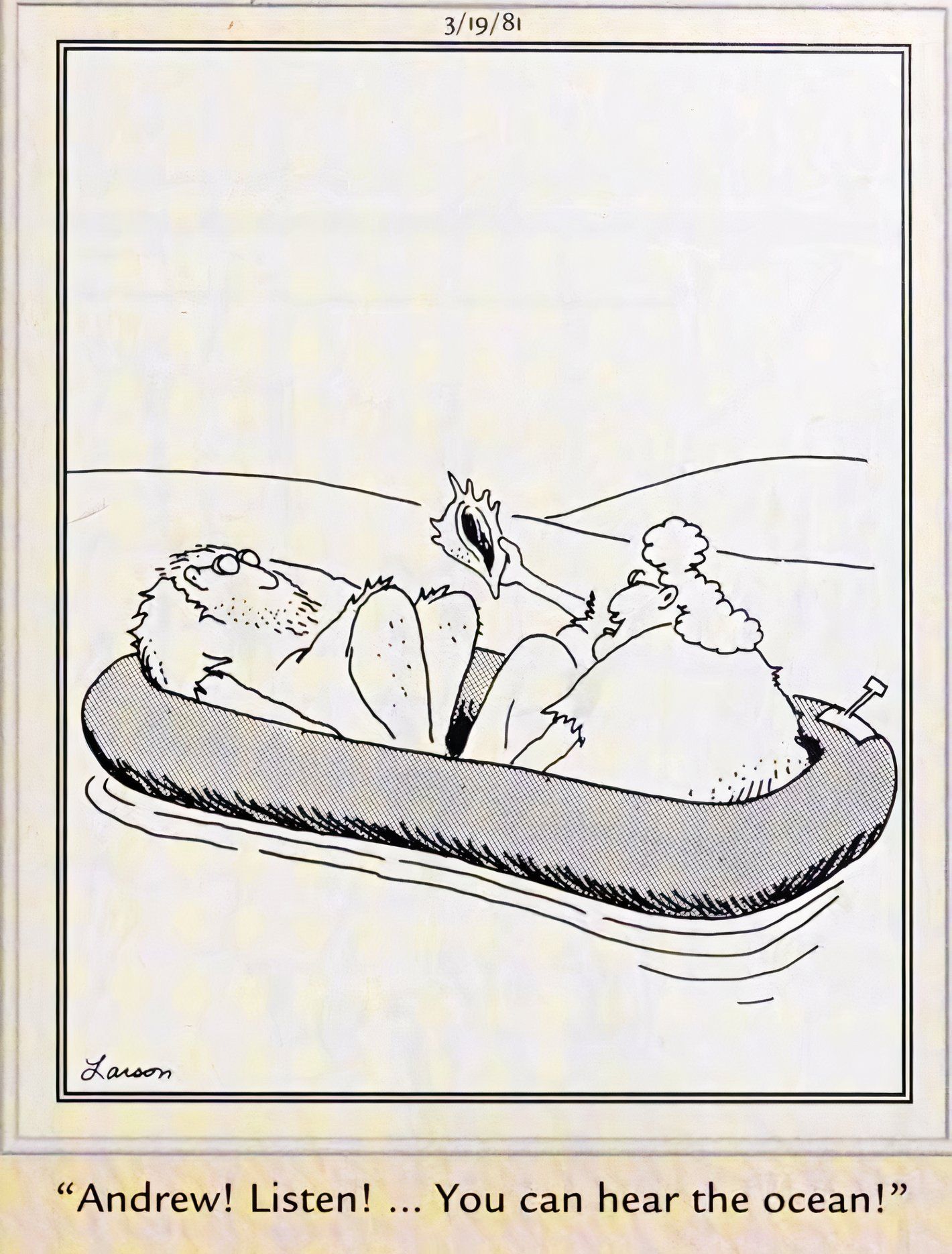 Far Side, March 19, 1981, a woman lost at sea tells her husband she can hear the ocean in a shell