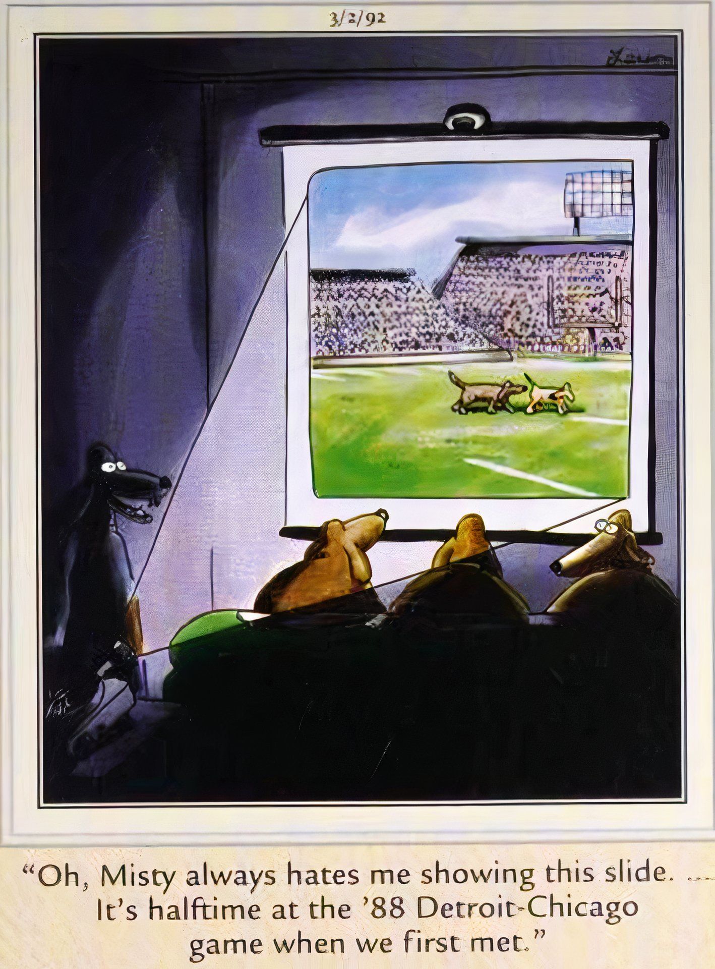 Far Side, 2 de março de 1992, casal de cachorros projeta foto de seu primeiro encontro para amigos