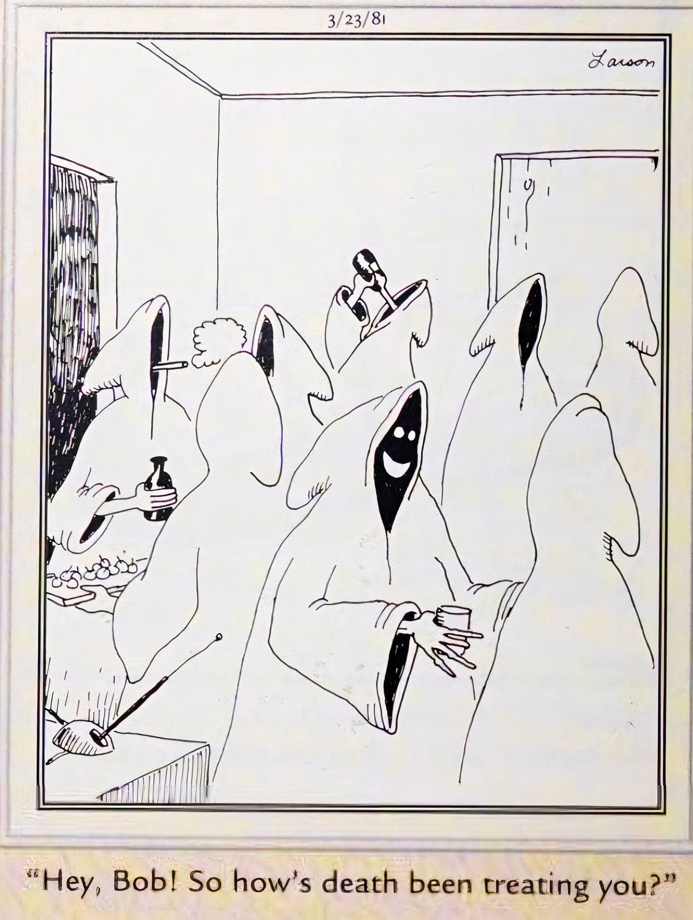 Far Side, 23 de março de 1983, um grupo de figuras do estilo Grim Reaper fumando e bebendo em uma festa