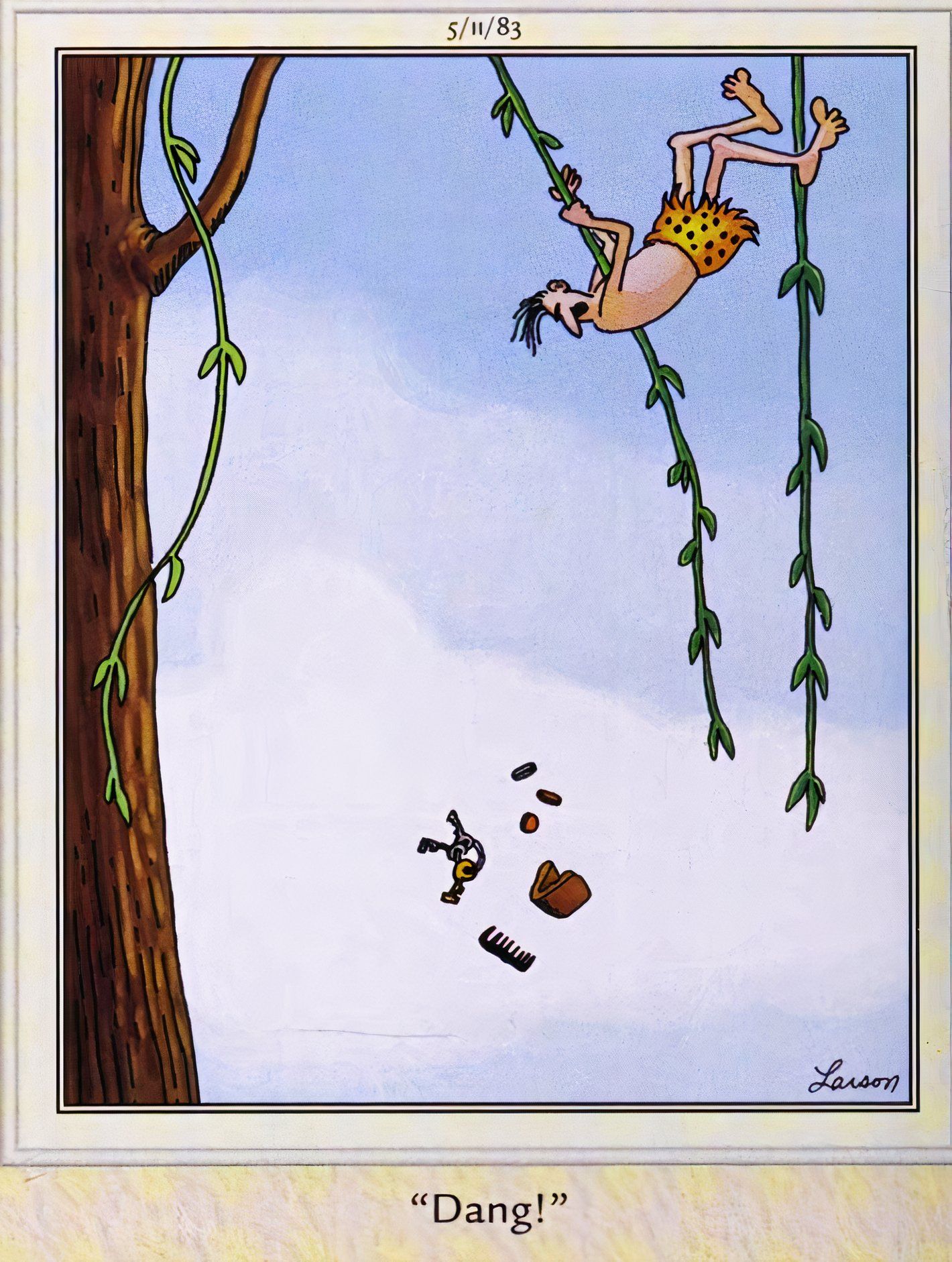 Far Side, 11 de maio de 1983, Tarzan perde a carteira e as chaves enquanto balança em uma videira