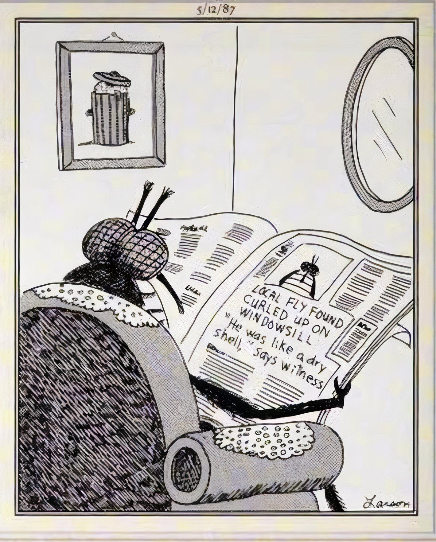 Far Side, May 12, 1987, a fly reads another fly's obituary in the newspaper