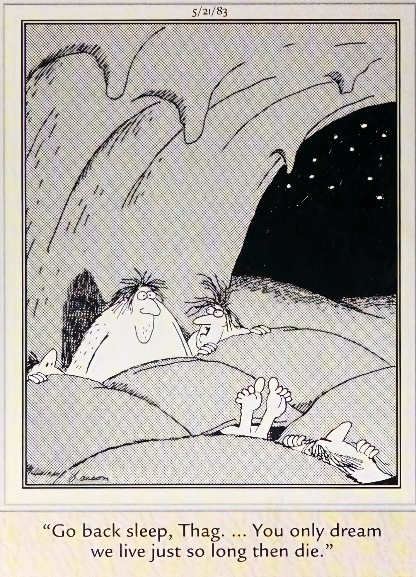 Far Side, May 21, 1983, prehistoric man Thag wakes up from a nightmare about his mortality