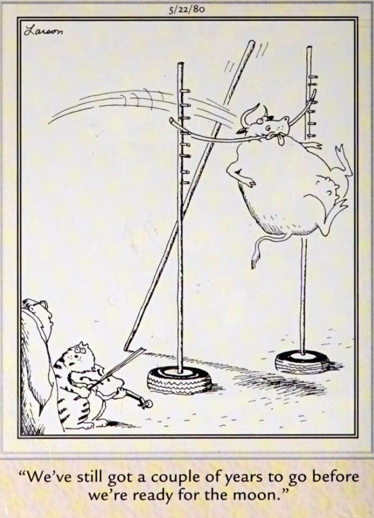 Far Side, 22 de maio de 1980, uma vaca não consegue pular um poste