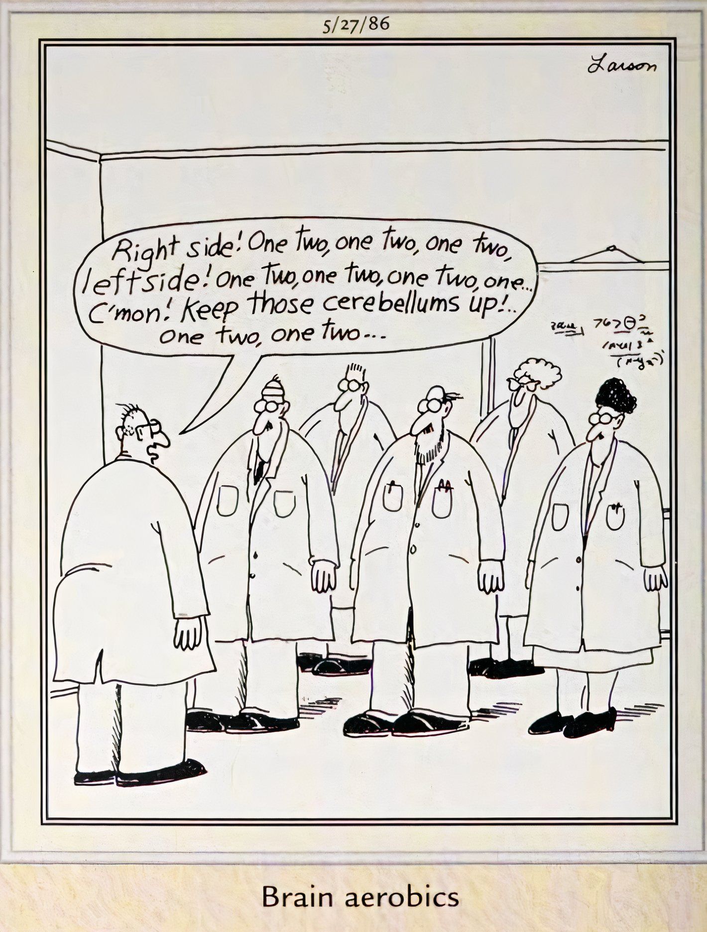 Far Side, May 27, 1986, scientists practicing 'brain aerobics'