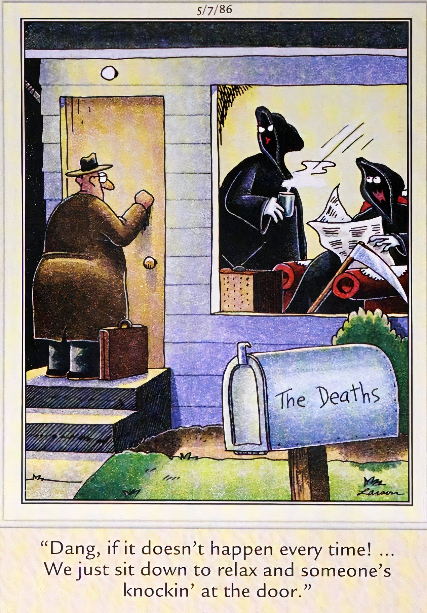 Far Side, 7 de maio de 1986, um caixeiro-viajante bate na porta da frente do Death no momento em que eles se preparam para passar a noite