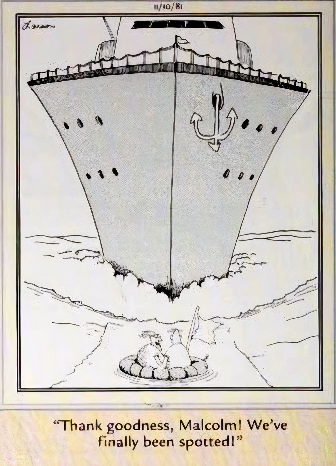 Far Side, November 10, 1981, a huge cruiseliner bears down on a life raft adrift in the ocean