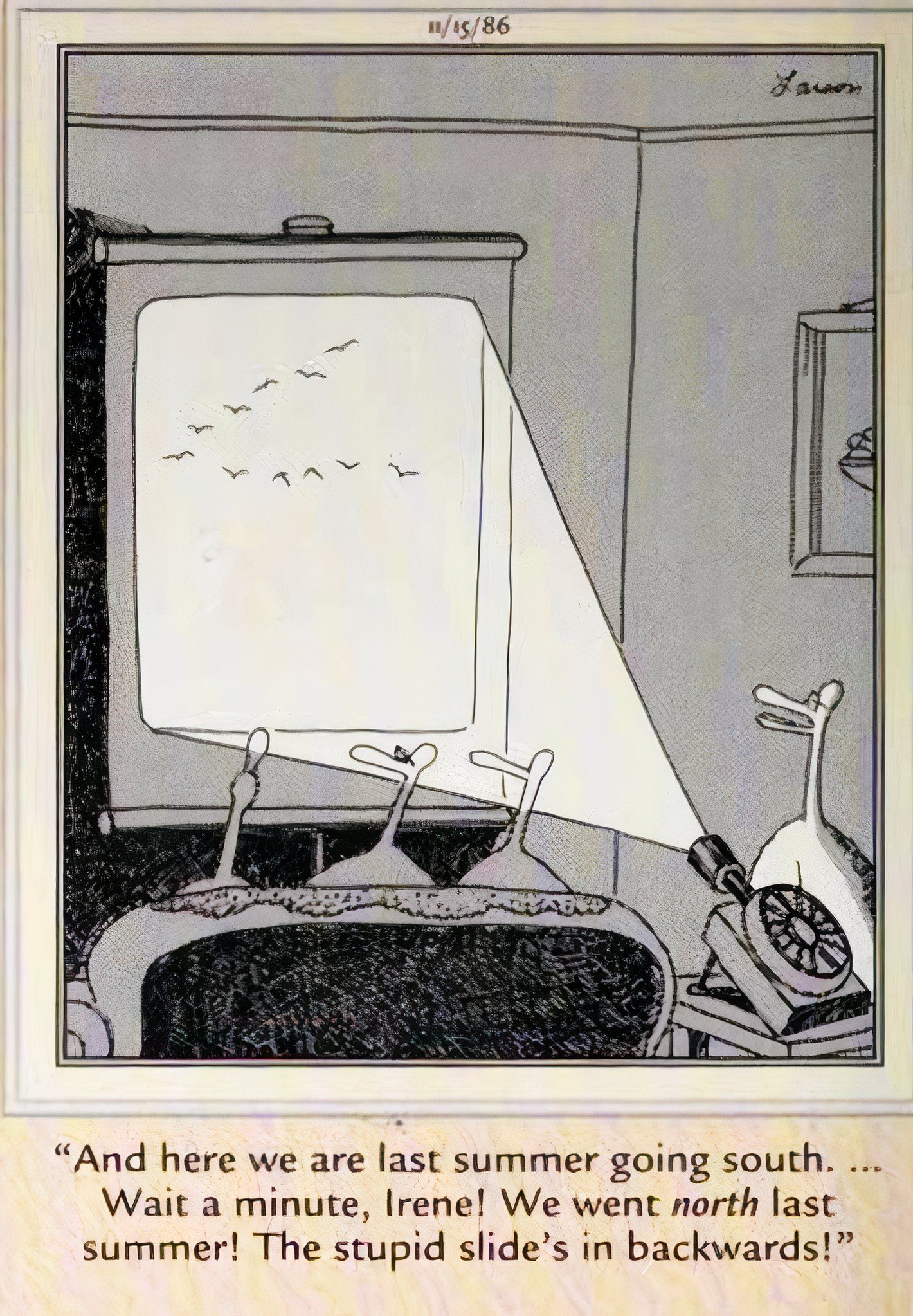 Far Side, 15 de novembro de 1986, um pato fica irritado porque sua foto de férias está de cabeça para baixo no projetor