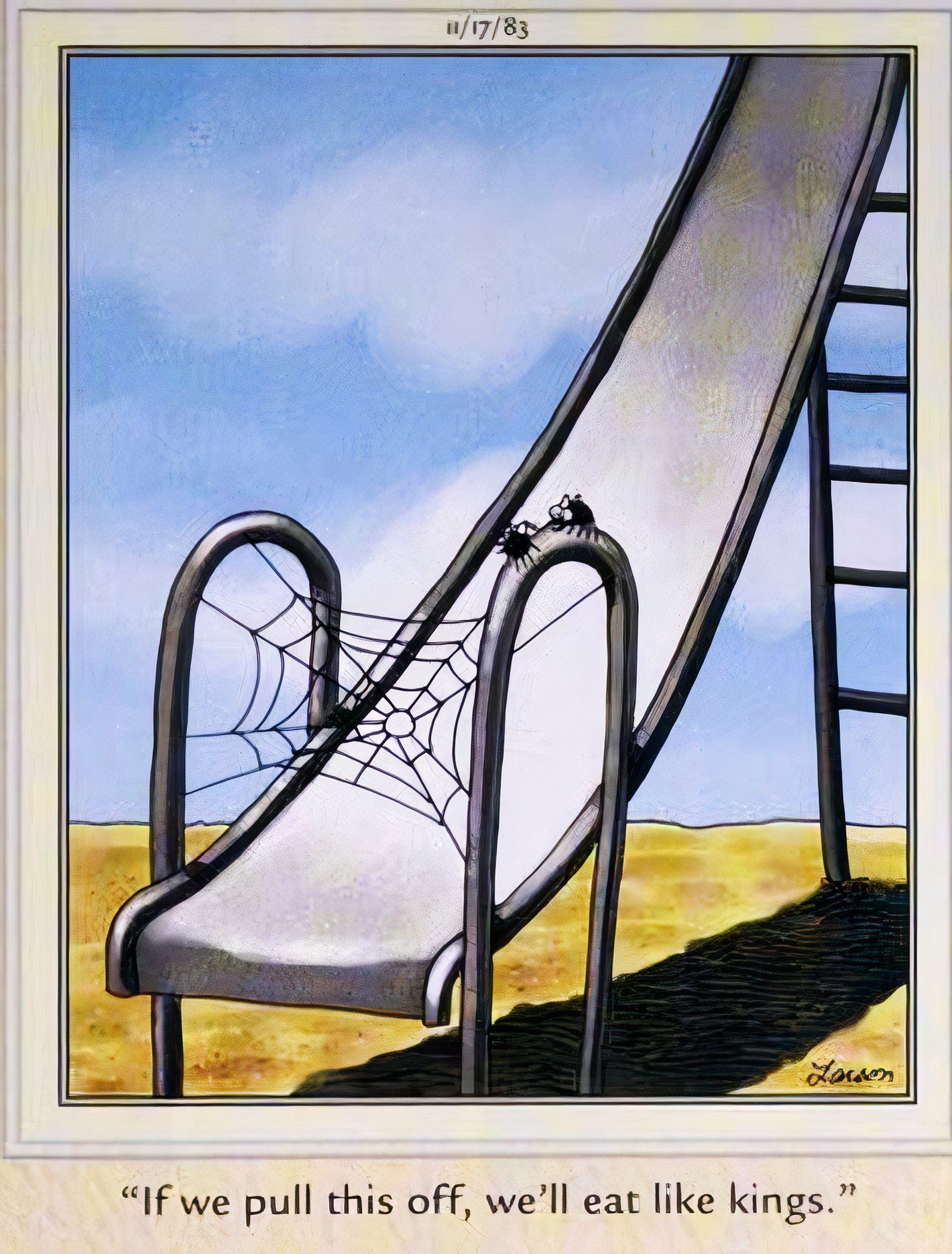 Far Side, 17 de novembro de 1983, aranhas tecem uma teia na parte inferior de um escorregador de playground