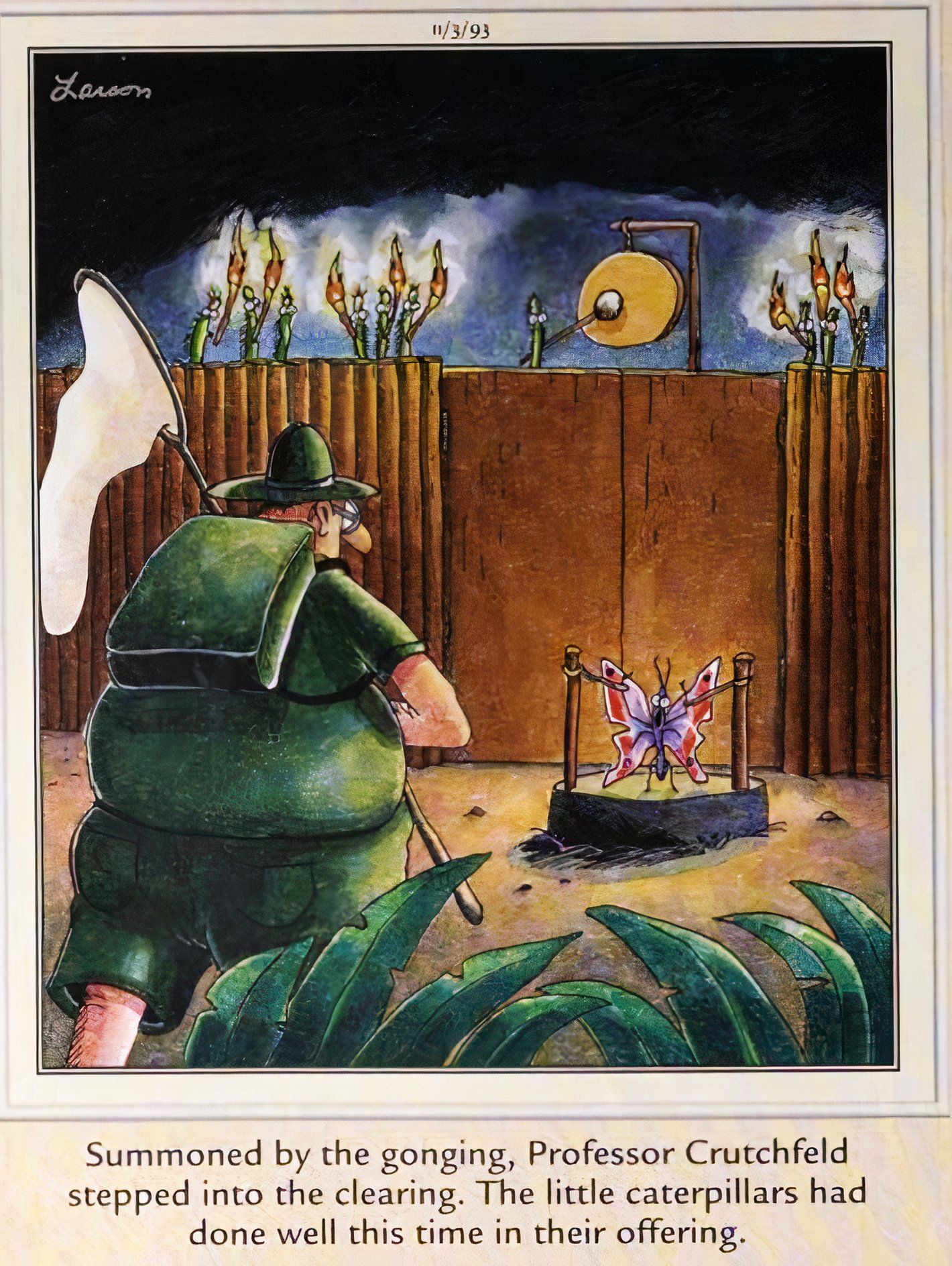 Far Side, November 3, 1993, caterpillers sacrifice a butterfly to a butterfly hunter