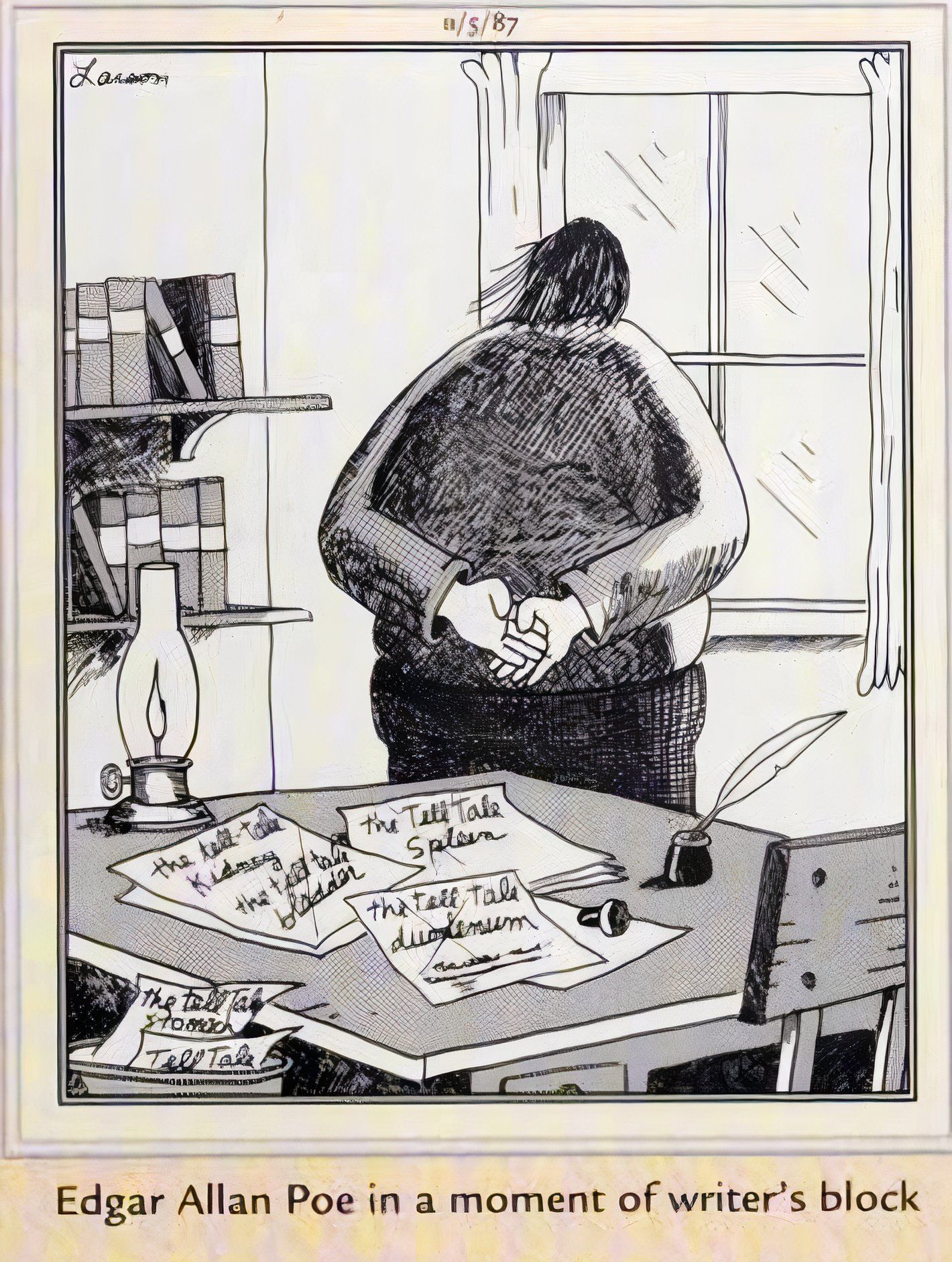 Far Side, November 5, 1987, Edgar Allen Poe struggling with writer's block