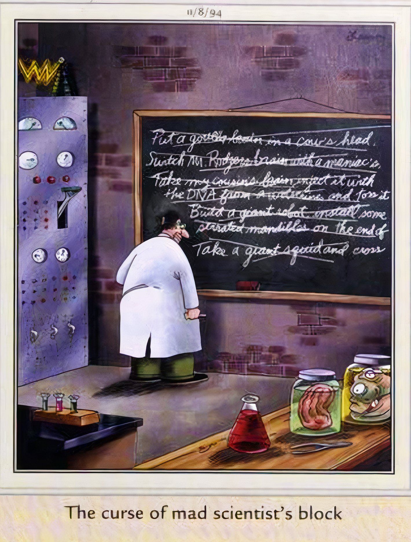 Far Side, November 8, 1994, a man in a lab coat struggles with 'mad scientist block'