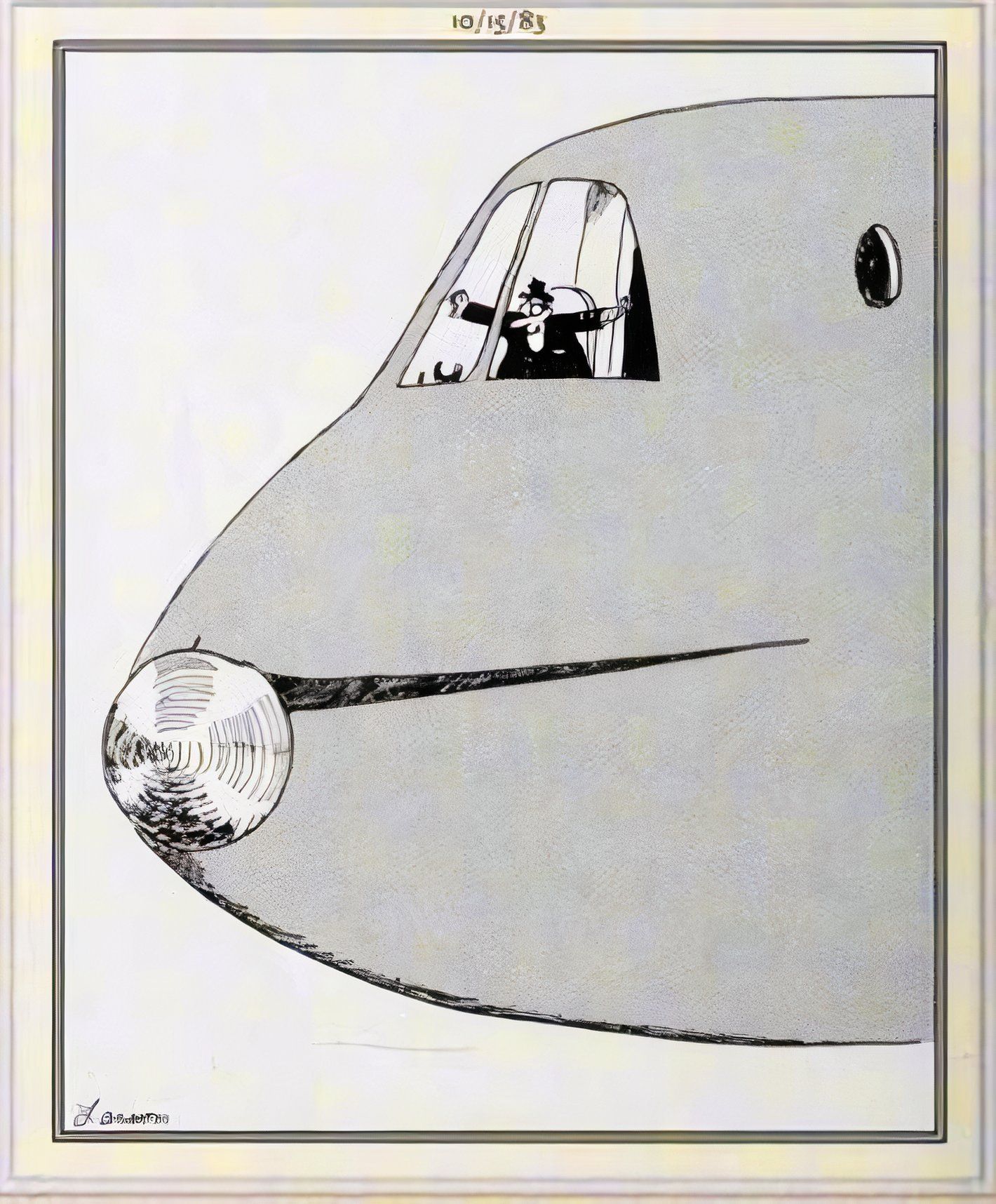 Far Side, October 15, 1983, an airplane pilot puts his arms ups like he is a plane while in the cockpit