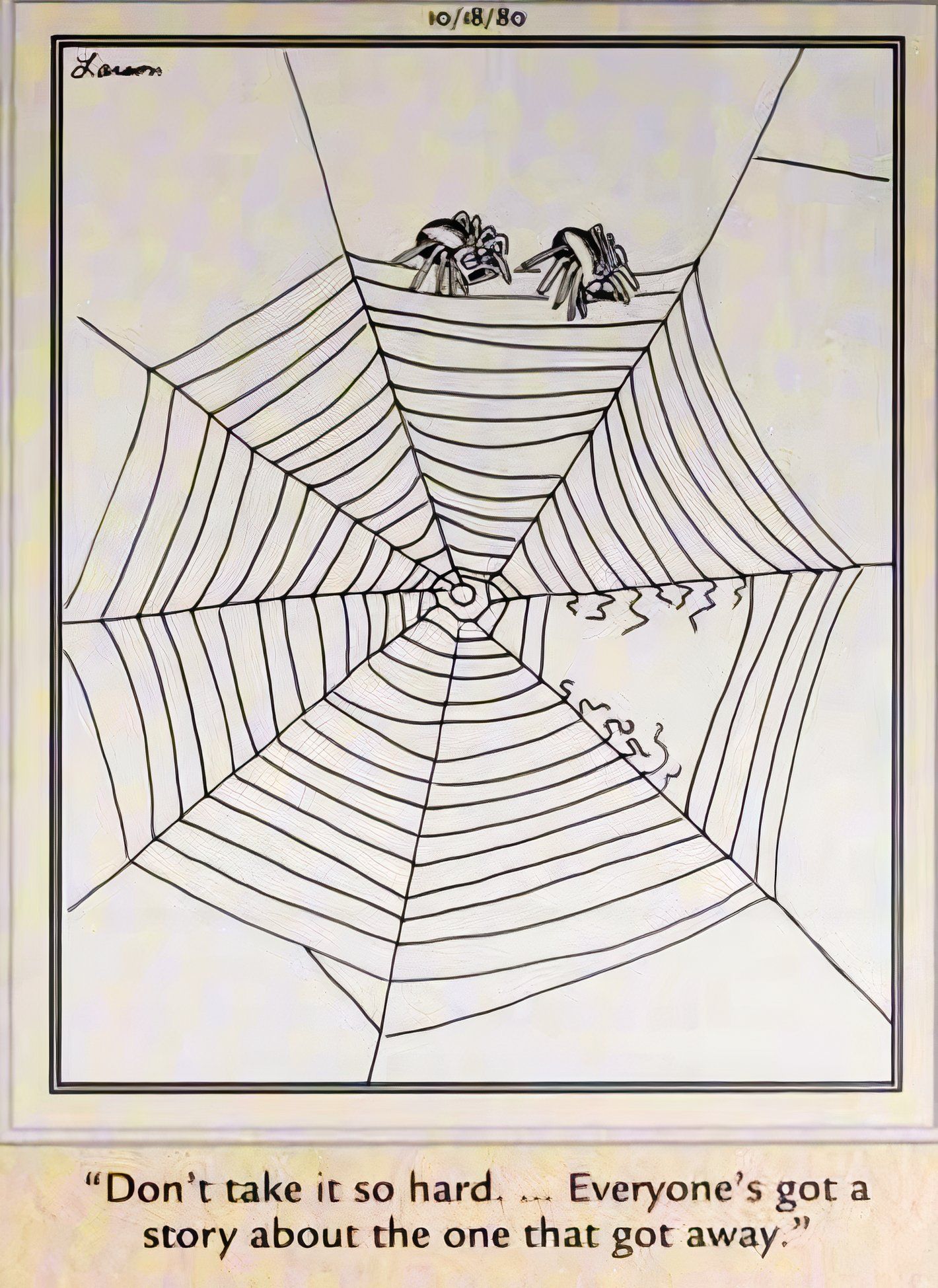 Far Side, 18 de outubro de 1980, uma aranha consola outra sobre 'aquela que escapou'