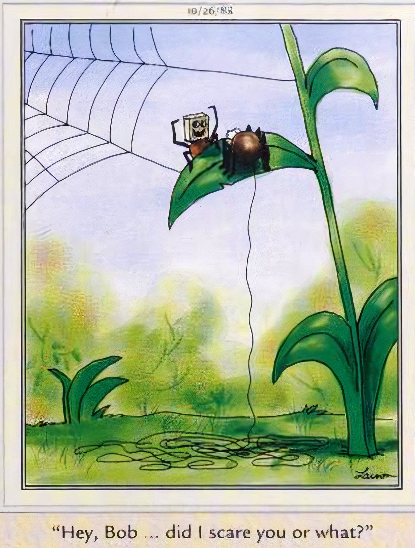 Far Side, 26 de outubro de 1988, aranha usando uma máscara de saco de papel assusta seu amigo