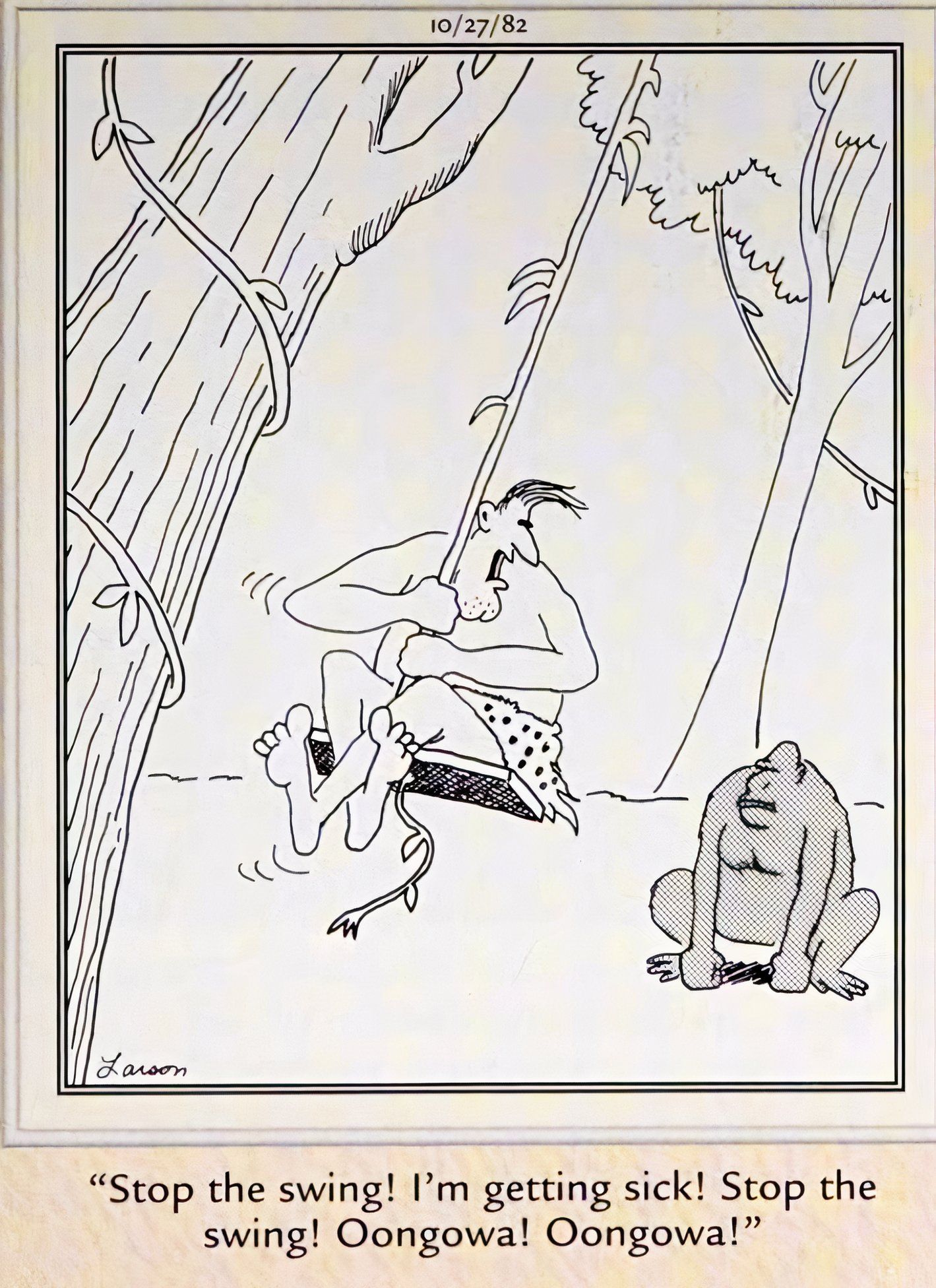 Far Side, 27 de outubro de 1982, Tarzan assustado no balanço e implorando para que seu amigo macaco parasse de empurrar