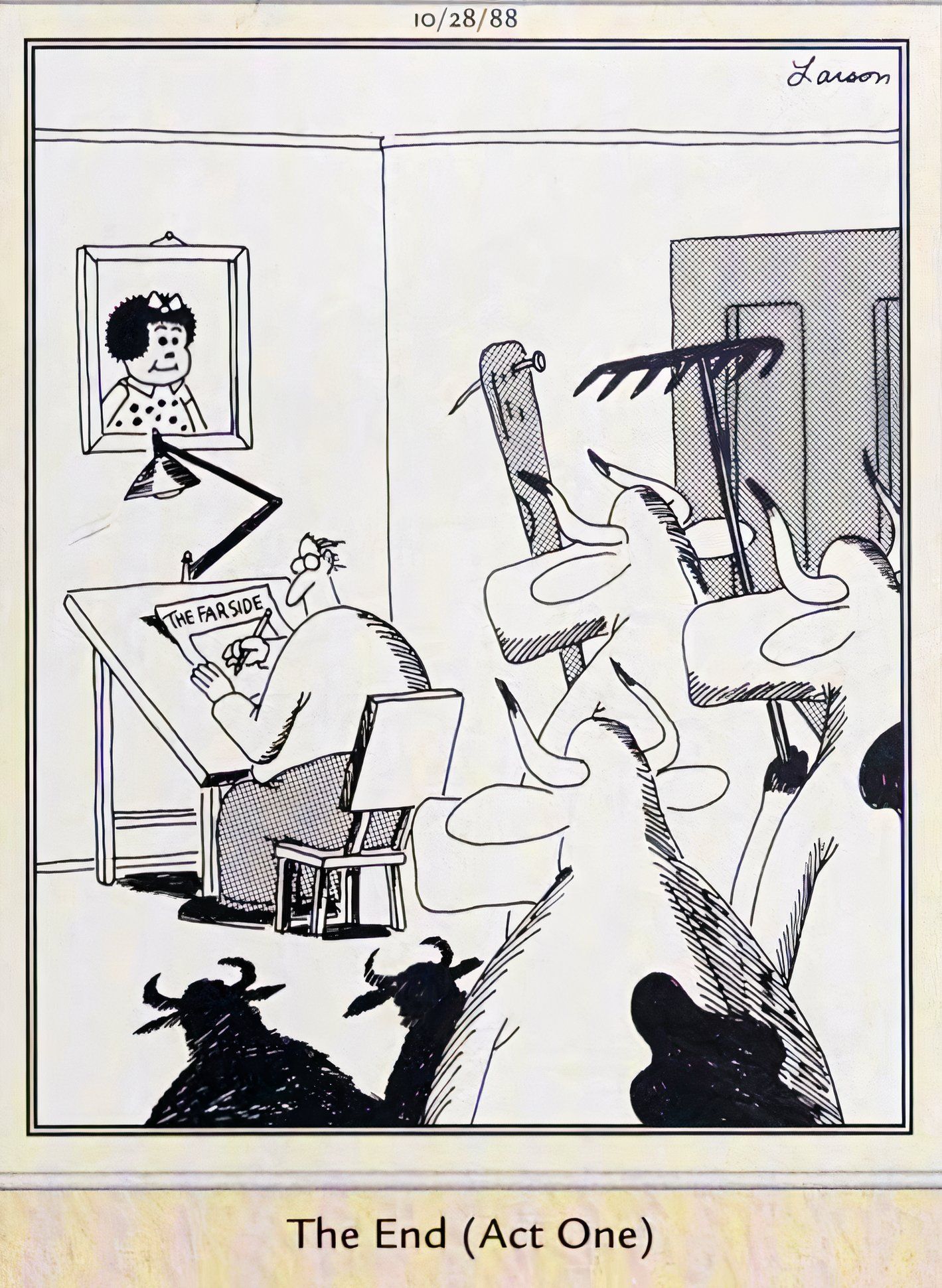 Far Side, October 28, 1988, a group of armed cows confront Gary Larson at his drawing table