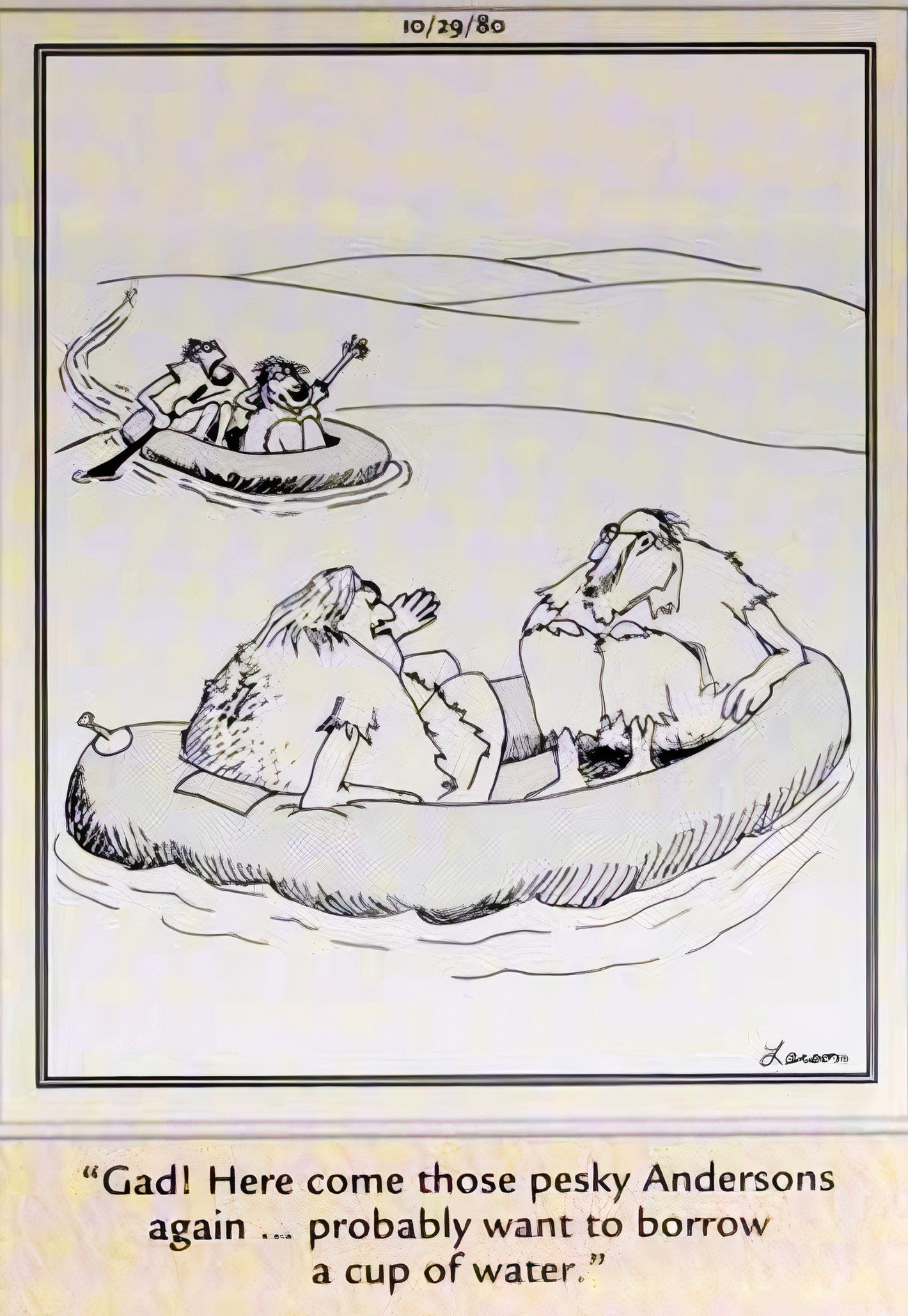 Far Side, October 29, 1980, a couple lost at sea is bothered by a couple on an adjacent life raft