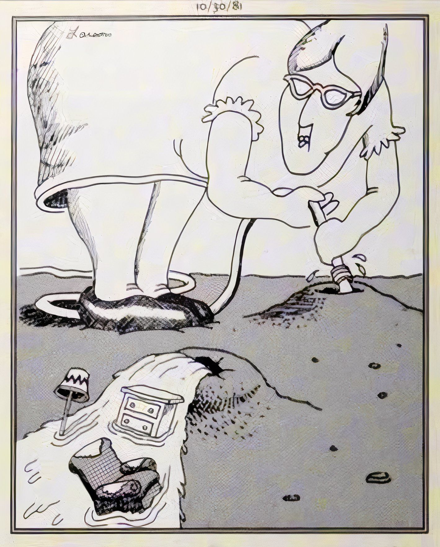 Far Side, 30 de outubro de 1981, uma mulher enfia uma mangueira em um formigueiro, inundando-o e levando embora pequenos móveis