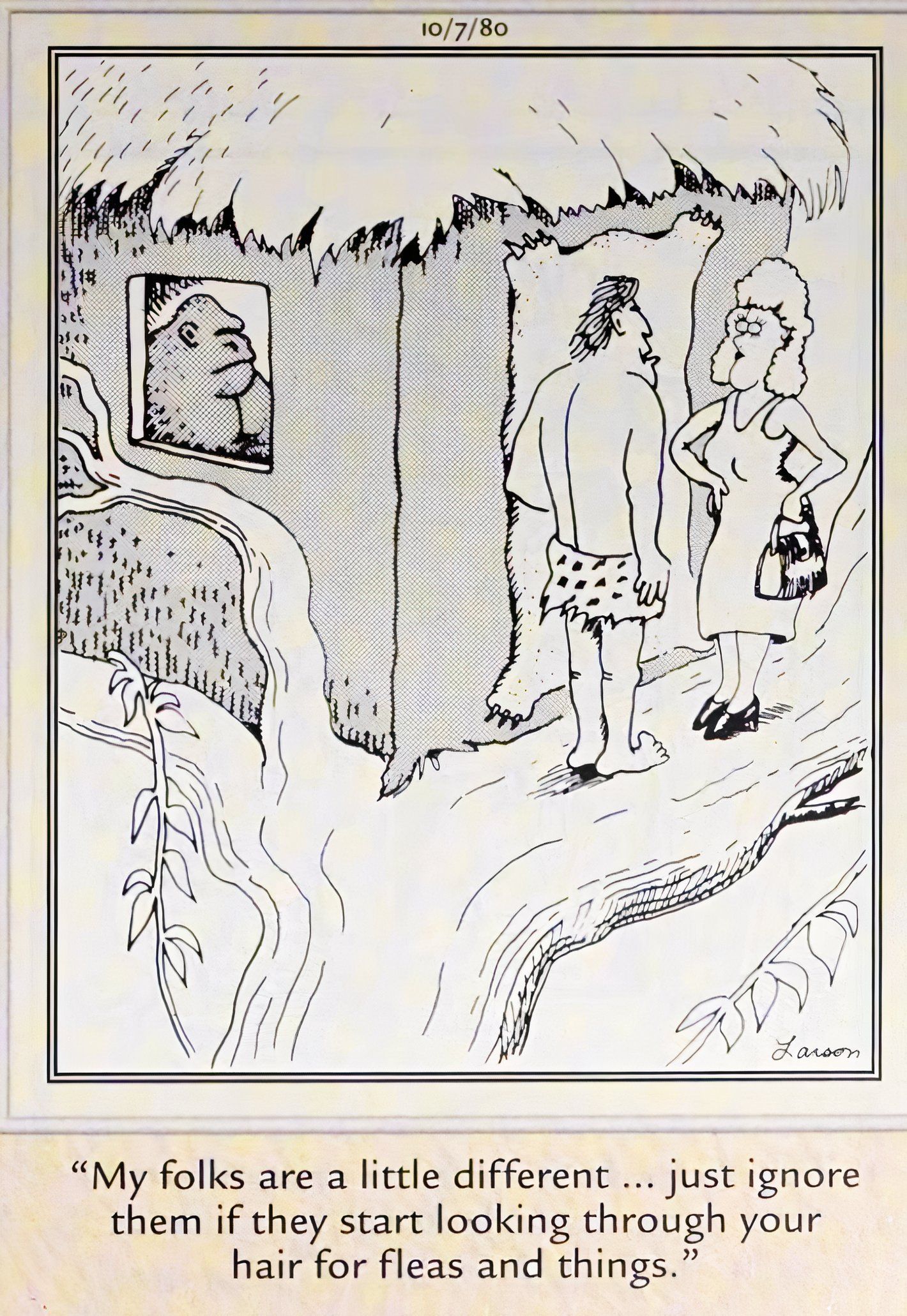 Far Side, October 7, 1980, Tarzan brings a date home to meet his adoptive ape parents