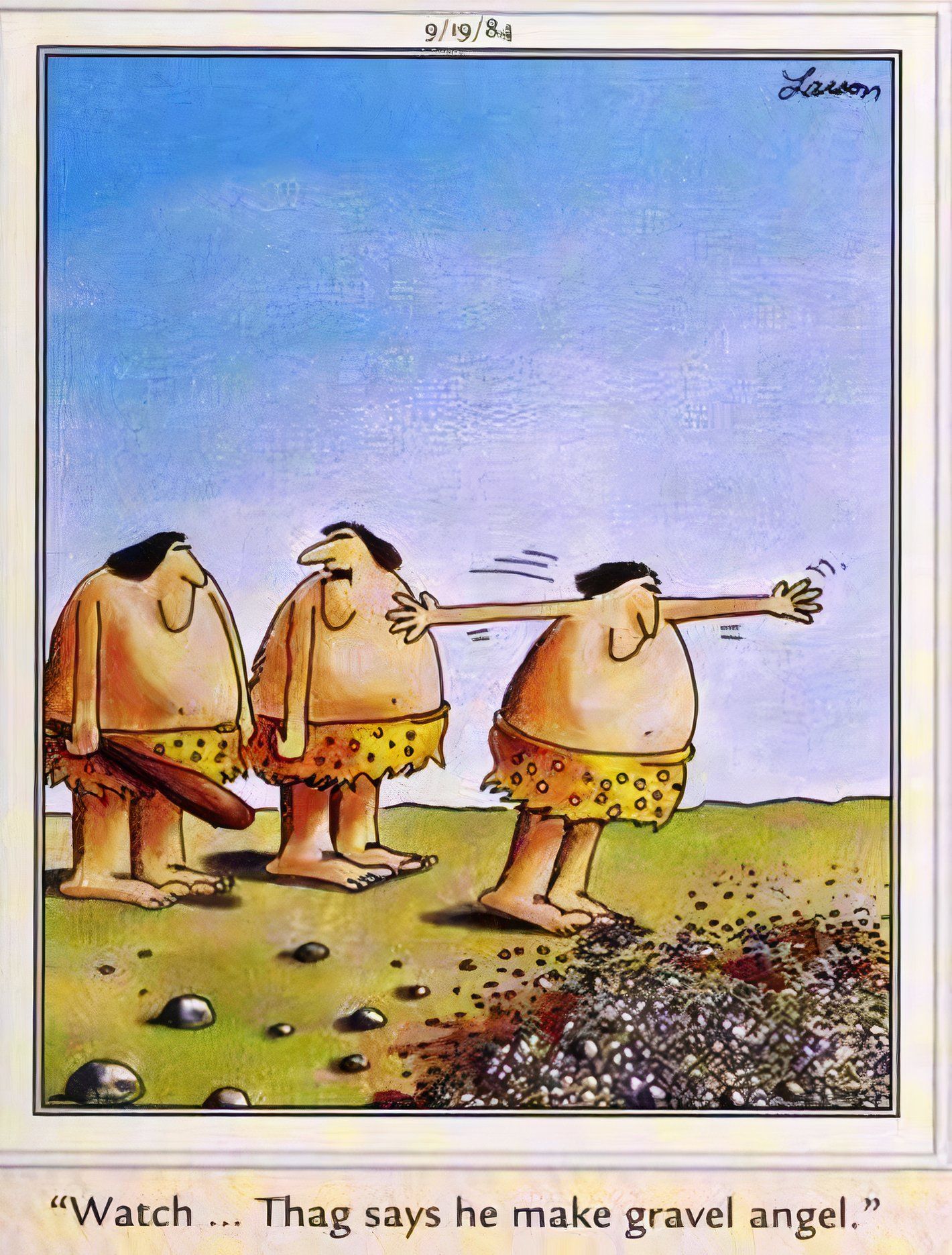 Far Side, September 19, 1984, prehistoric character Thag falls forward into a pit of gravel