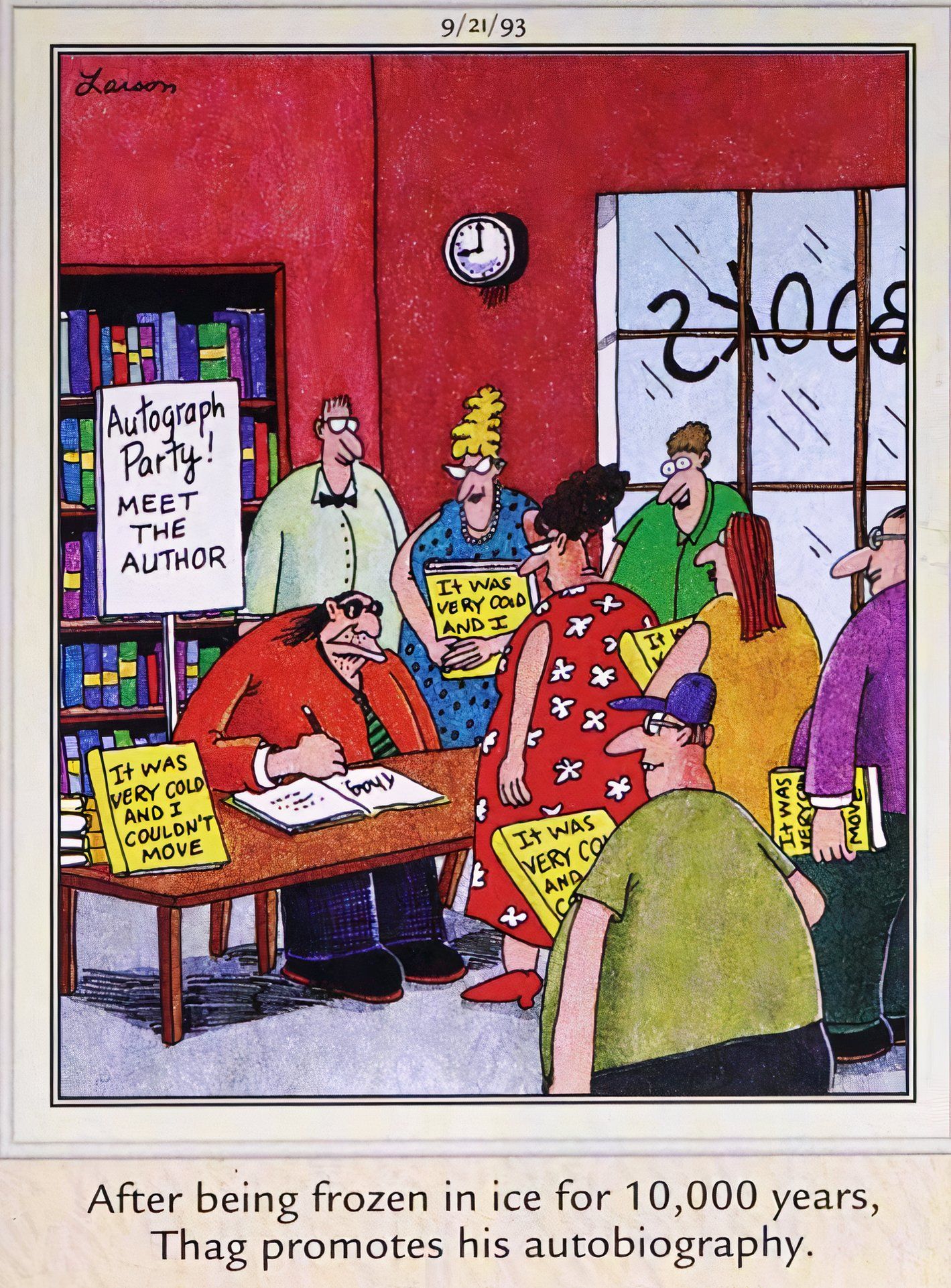 Far Side, September 21, 1993, prehistoric character Thag at a book signing after being unfrozen and becoming famous