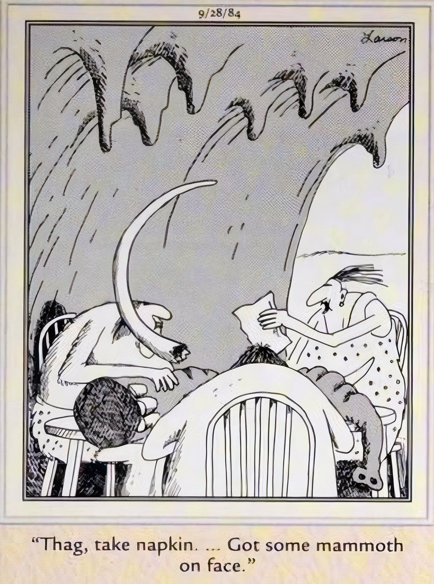 Far Side, September 28, 1984, prehistoric character Thag has a mammoth tusk stuck to his face