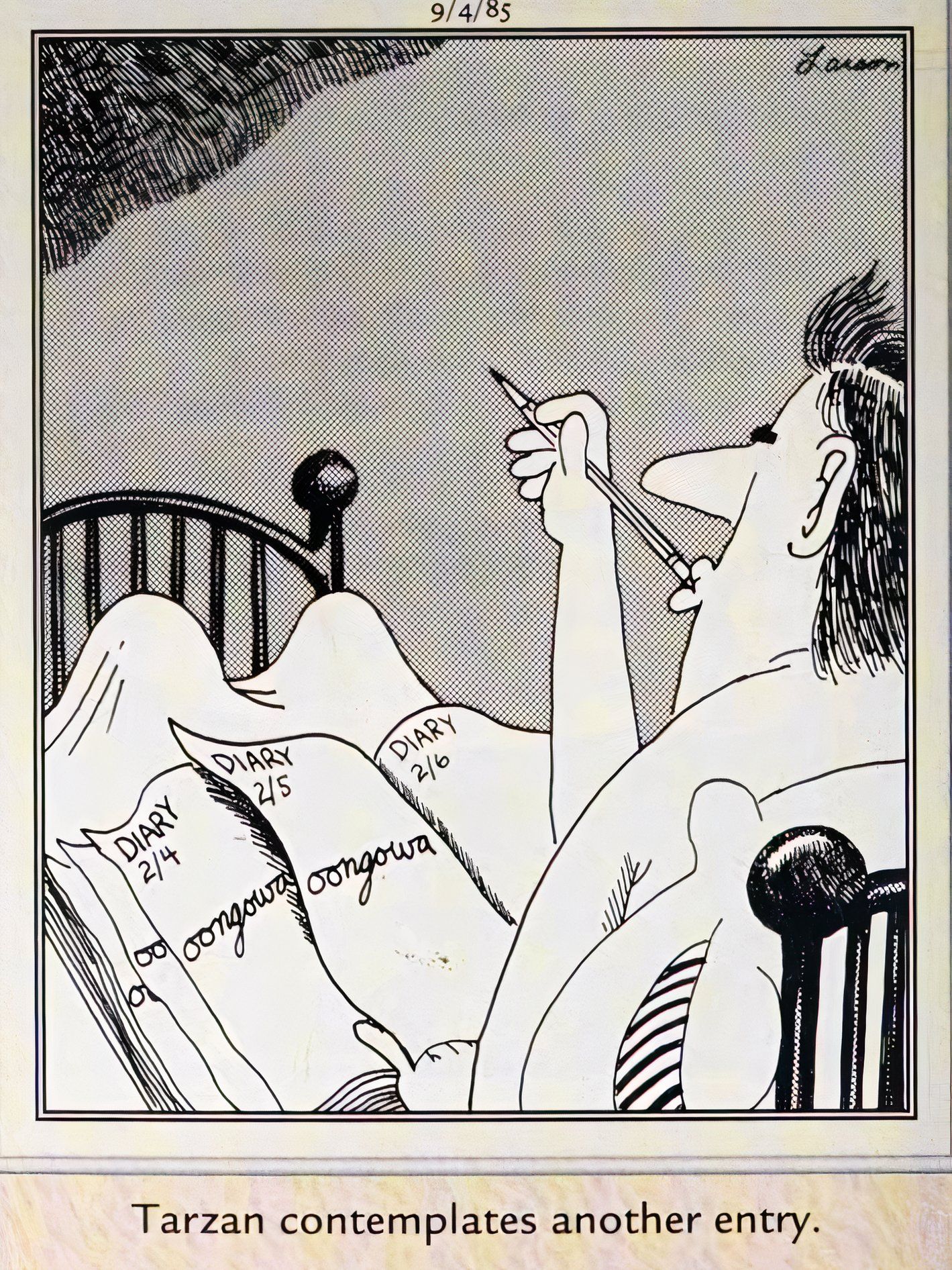 Far Side, 4 de setembro de 1985, Tarzan escrevendo em seu diário