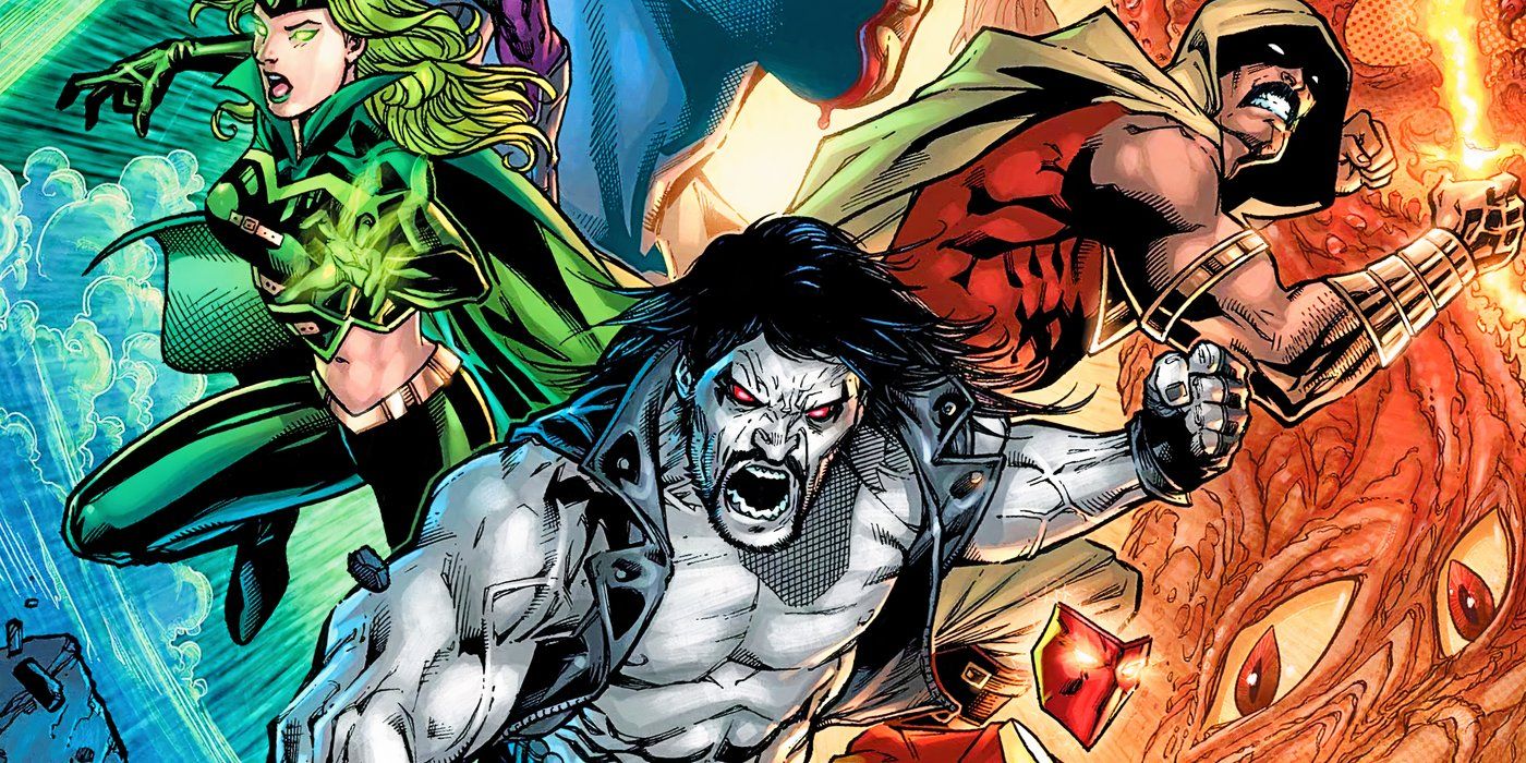 The first Suicide Squad leaps toward the viewer with Lobo in the middle.