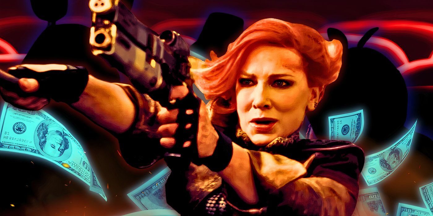 Cate Blanchett pointing guns as Lilith in Borderlands (2024) above a silhouette of the Five Nights at Freddy's (2023) poster with falling dollar bills