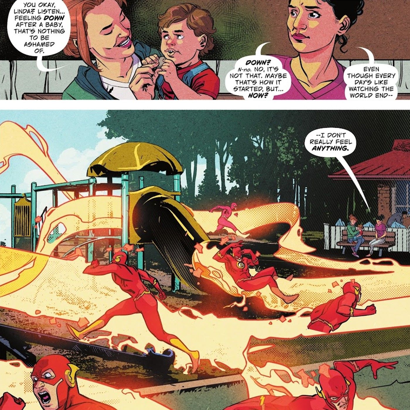 Painéis de quadrinhos: Iris West e Linda Park West falam sobre a saúde mental de Linda enquanto o Flash corre por um playground.