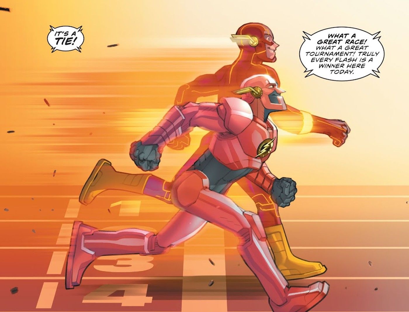 Comic book panel: the Flash races Mercury Flash, but they tie at the finish line.