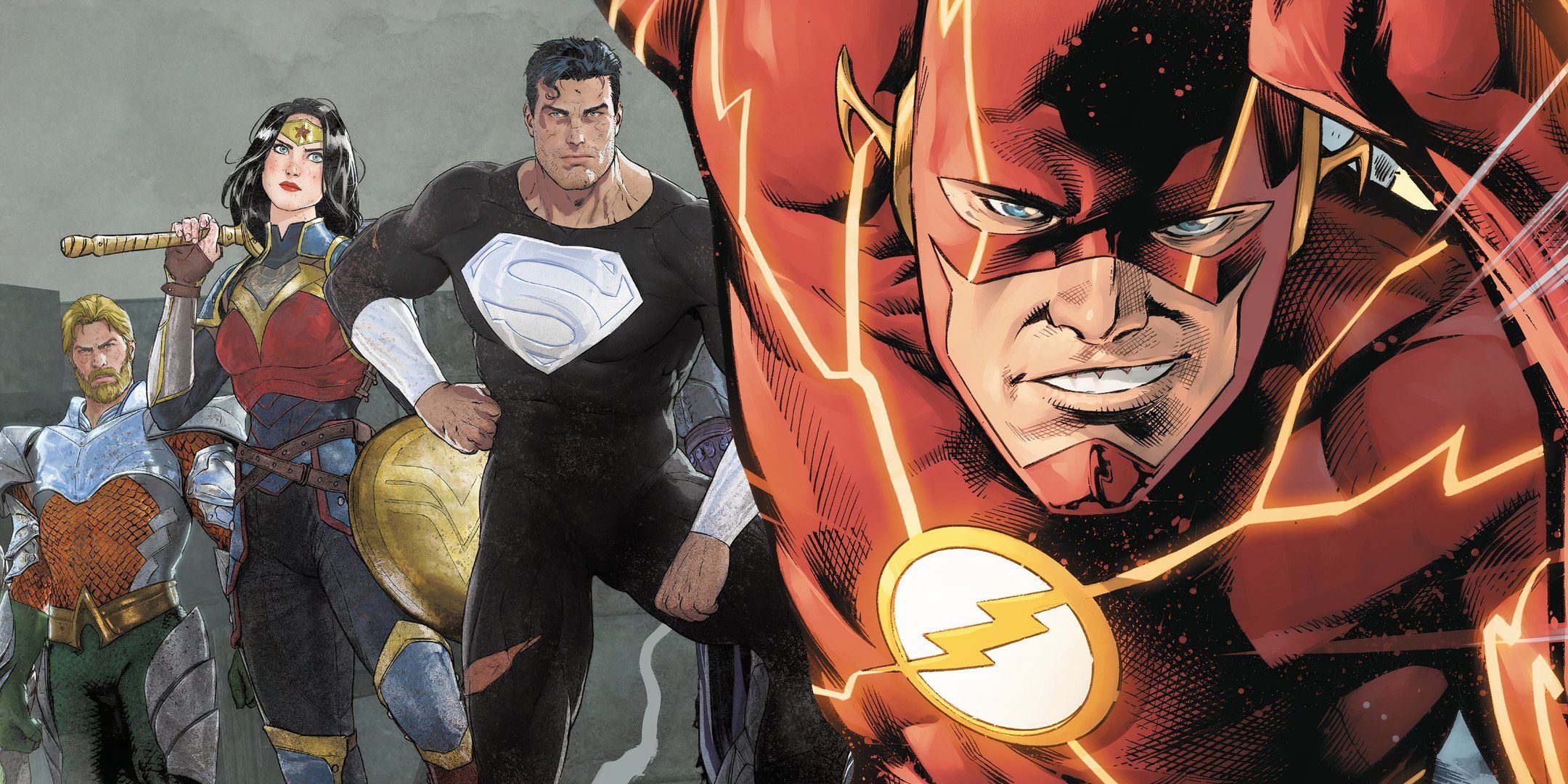 Flash Running From a Powerless Superman Wonder Woman and Aquaman DC