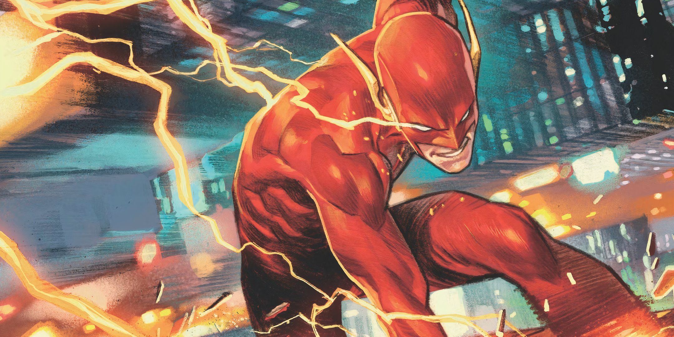 Arte em quadrinhos: o Flash corre com uma cauda de relâmpagos.