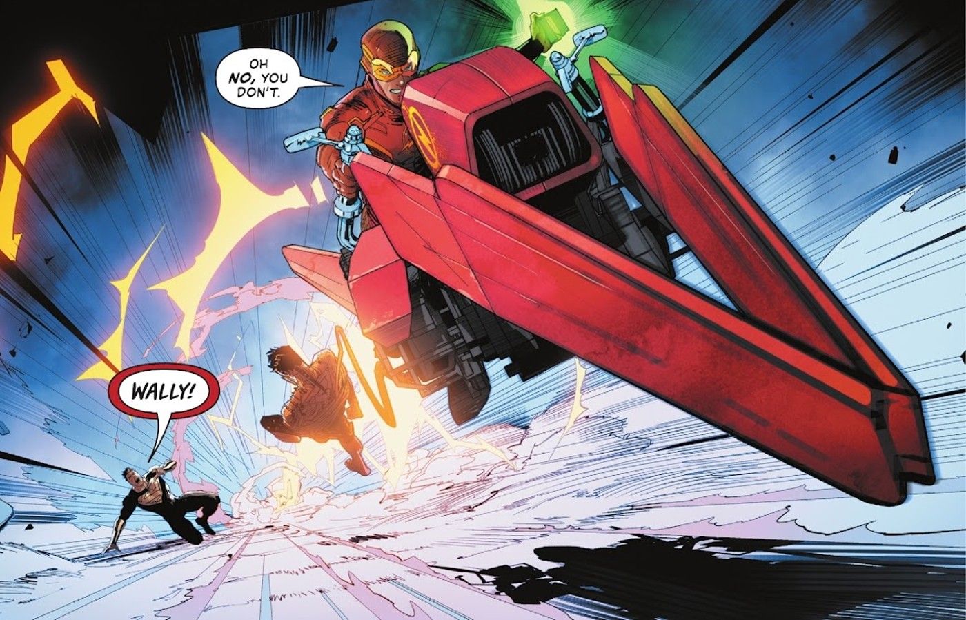 Painel de história em quadrinhos: O Flash de Wally West avança em uma hover bike enquanto arrasta um Jon Kent corrompido para longe do Superman.