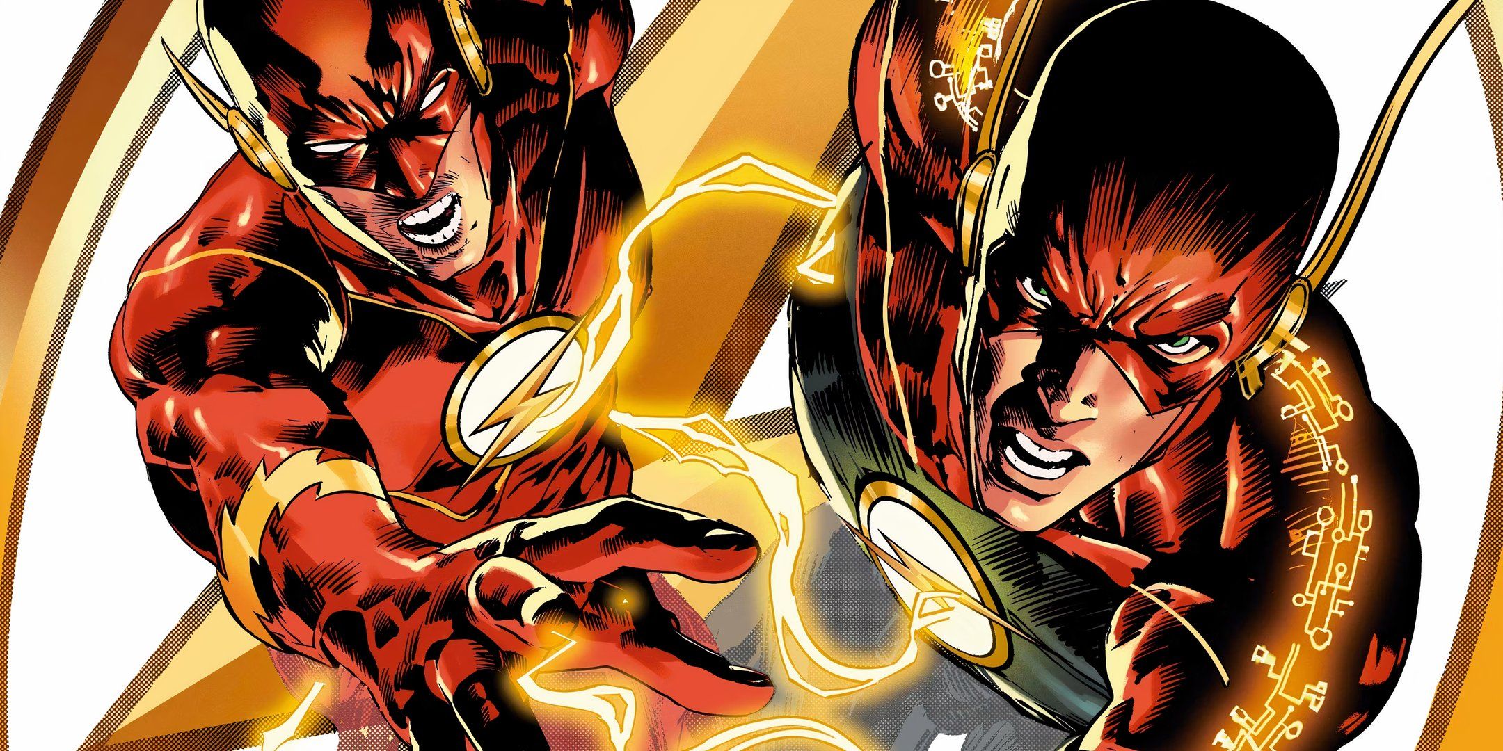 Arte del cómic: dos versiones de Flash Wally West caminando una al lado de la otra frente al logotipo de Flash.