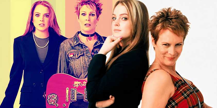A composite image of Lindsay Lohan and Jamie Lee Curtis standing back to back in front of the two looking shocked in another promo shot from Freaky Friday
