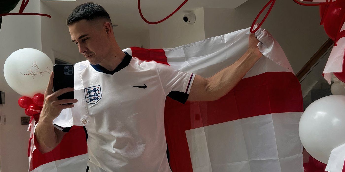 Love Is Blind UK Freddie taking a selfie holding the England flag during European champions league