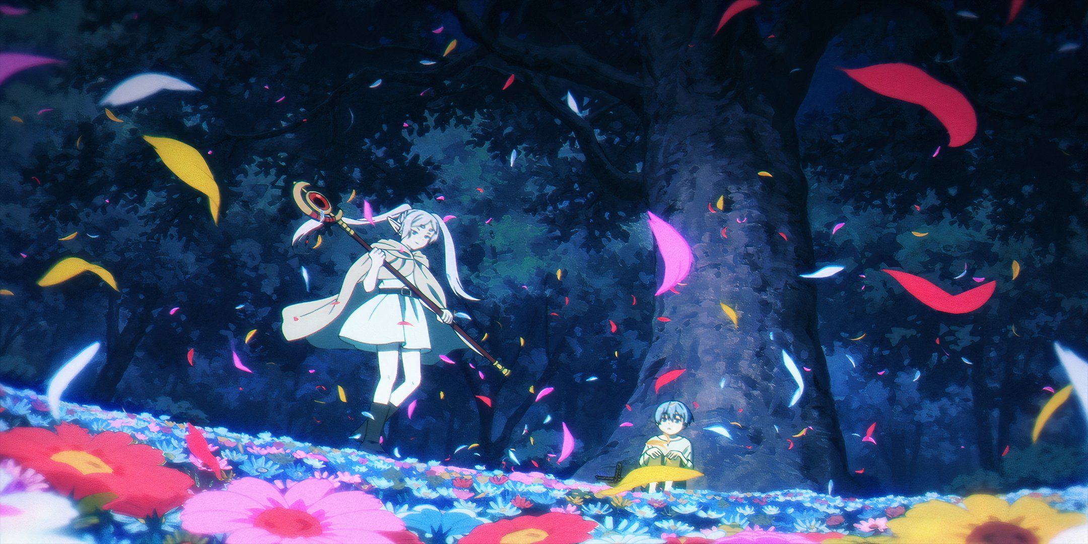 A flashback to Frieren and Himmel's first meeting in a forest filled with many colored flowers.