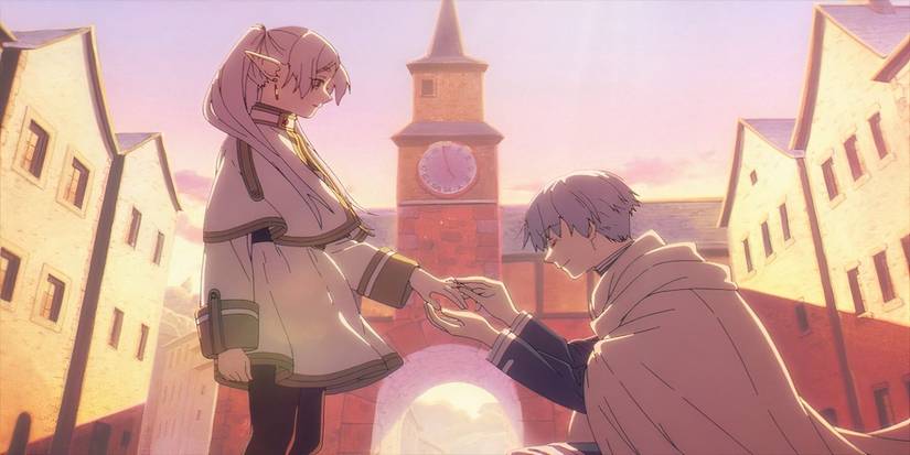 Himmel proposes to Frieren as the sun sets on the city.