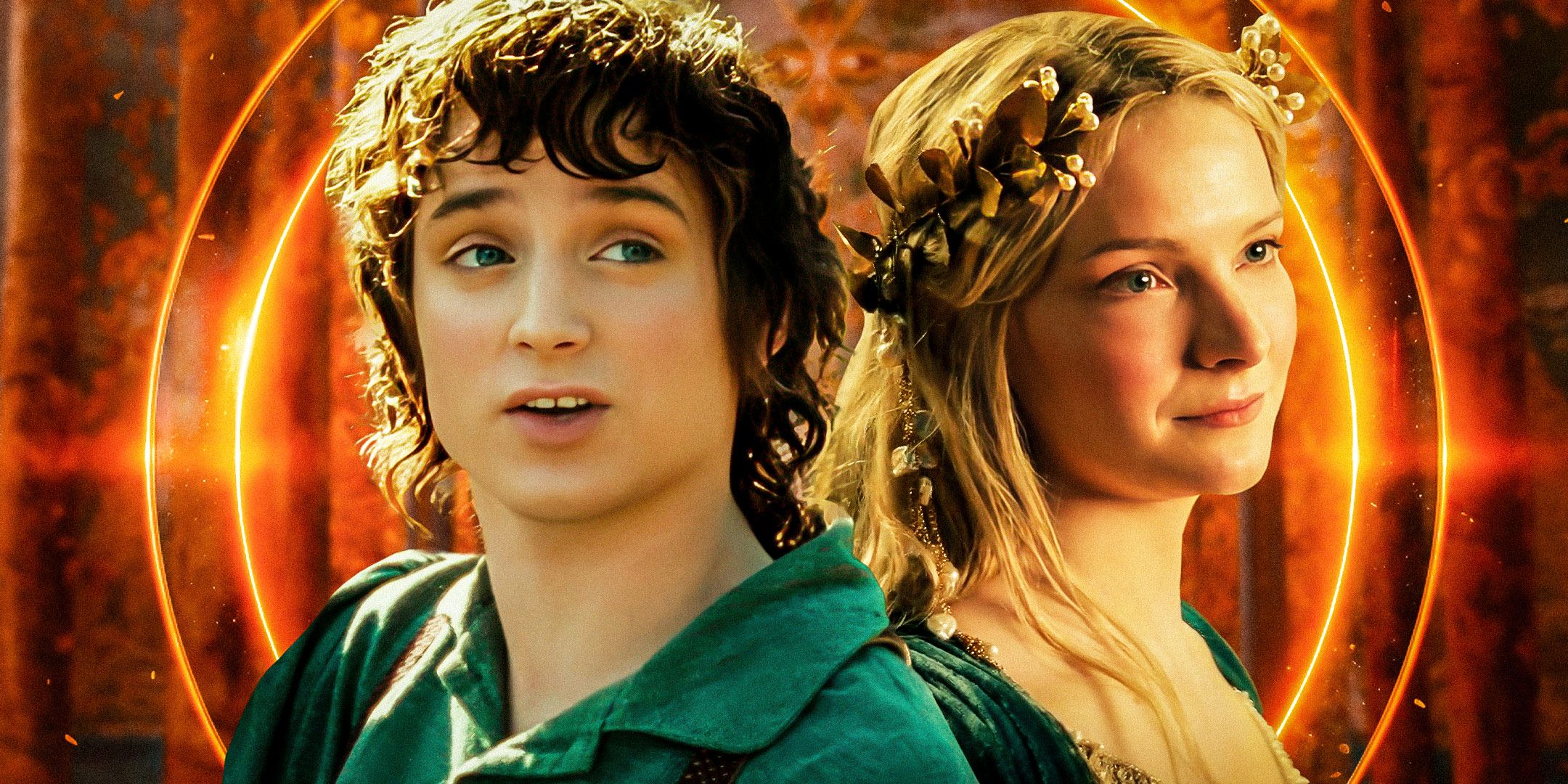 Elijah Wood as Frodo Baggins and Morfydd Clark as Galadriel in the LOTR and The Rings of Power