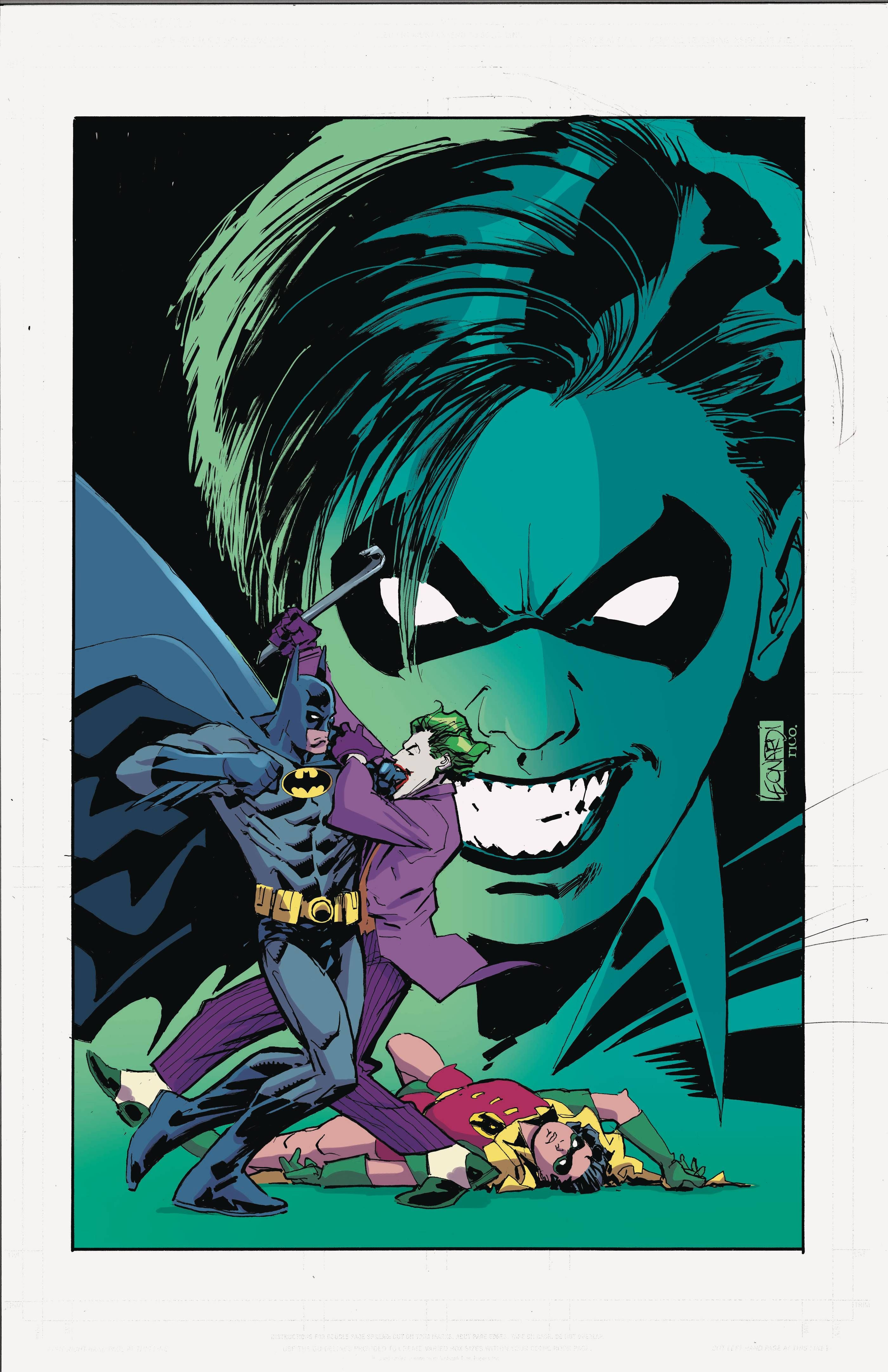 Capa de quadrinhos: Batman e o Coringa lutam com um Robin sorridente ao fundo.