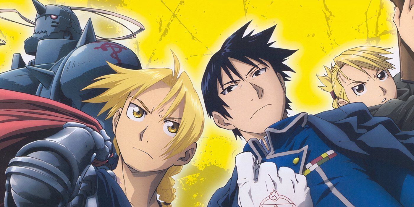 Alphonse Elric, Edward Elric, Roy Mustang y Riza Hawkeye están juntos con expresiones serias en la obra de arte oficial de Brotherhood Fullmetal Alchemist.