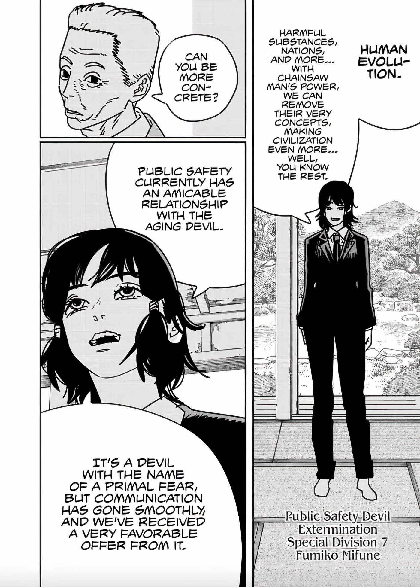 Fumiko explica os planos da Segurança Pública para autoridades do governo japonês no capítulo 174 de Chainsaw Man.